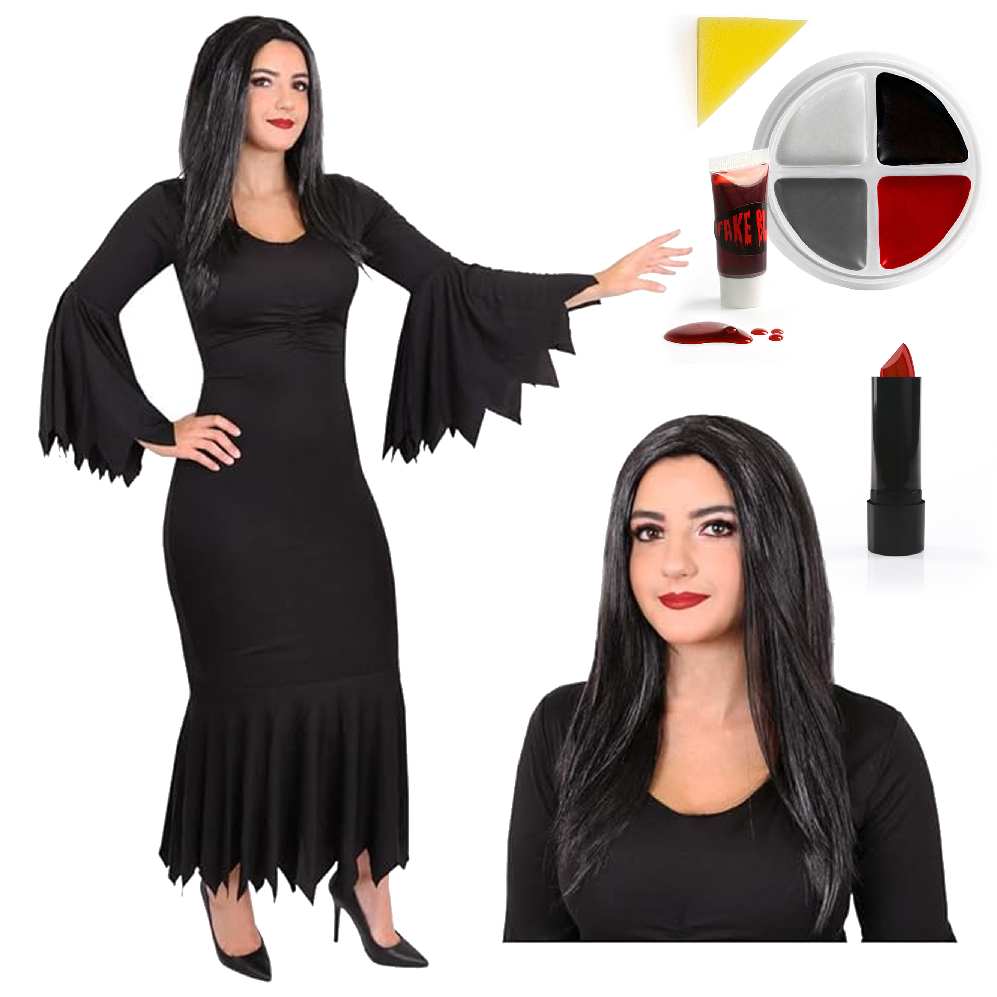 Ladies Gothic Mother Costume - Dress, Wig, Face Paint & Lipstick