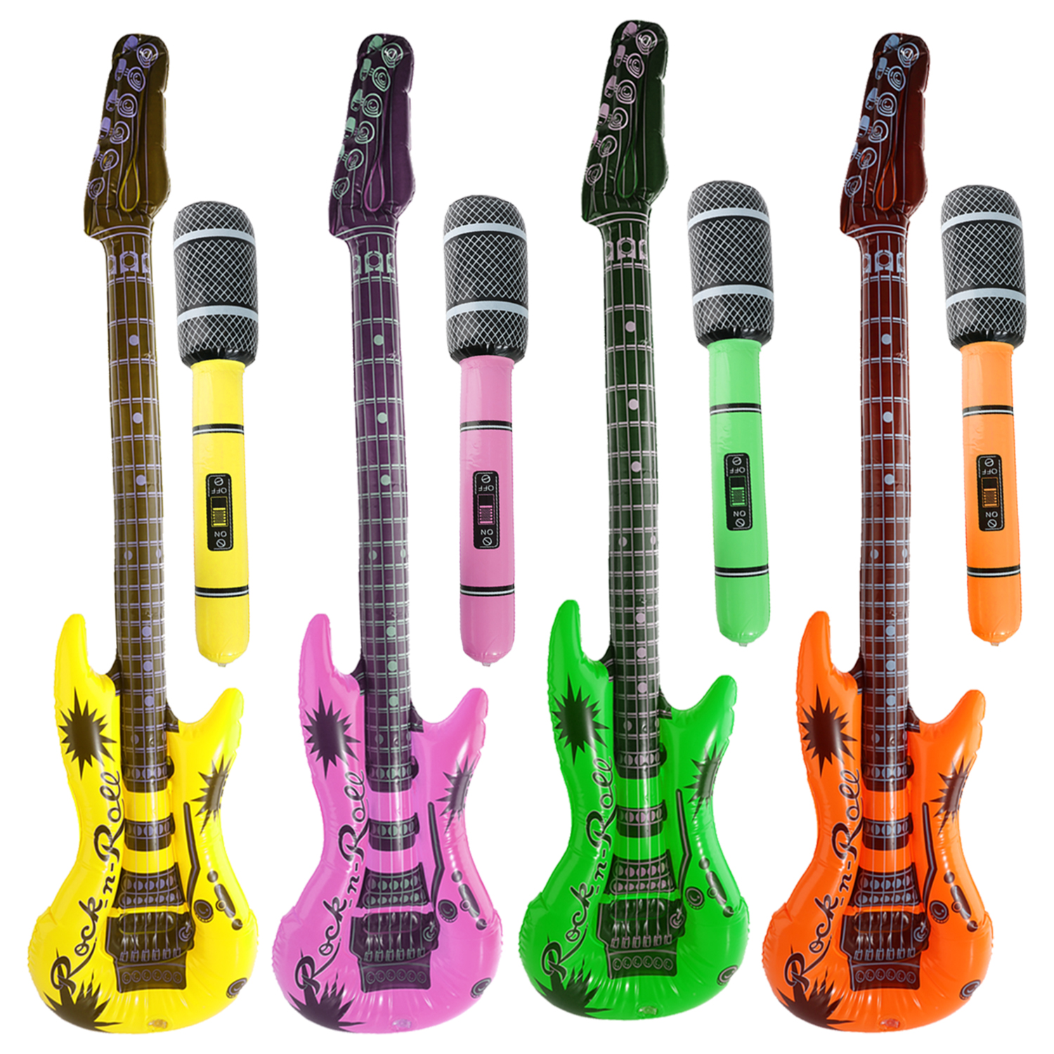 Eurovision Inflatable Guitar & Microphone Set – Pack of 8 Party Props | Includes 4 Guitars (100cm) & 4 Mics (40cm)