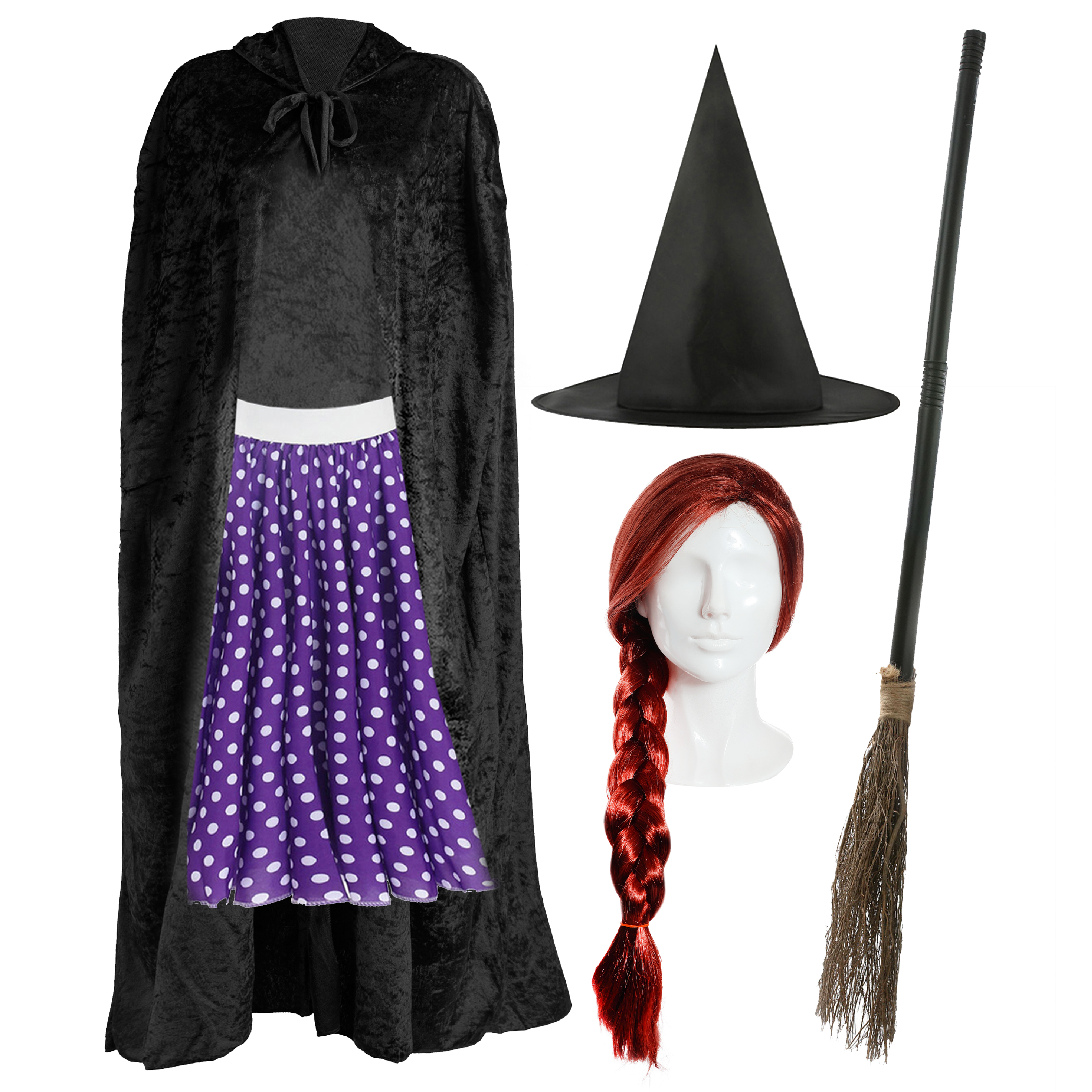 Adult's Kind Witch Costume | 5 Pcs | Skirt, Cape, Hat, Wig & Broom