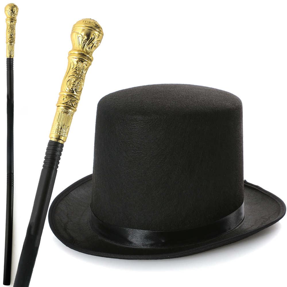 Top Hat & Cane Set | Felt Top Hat & Gold Cane