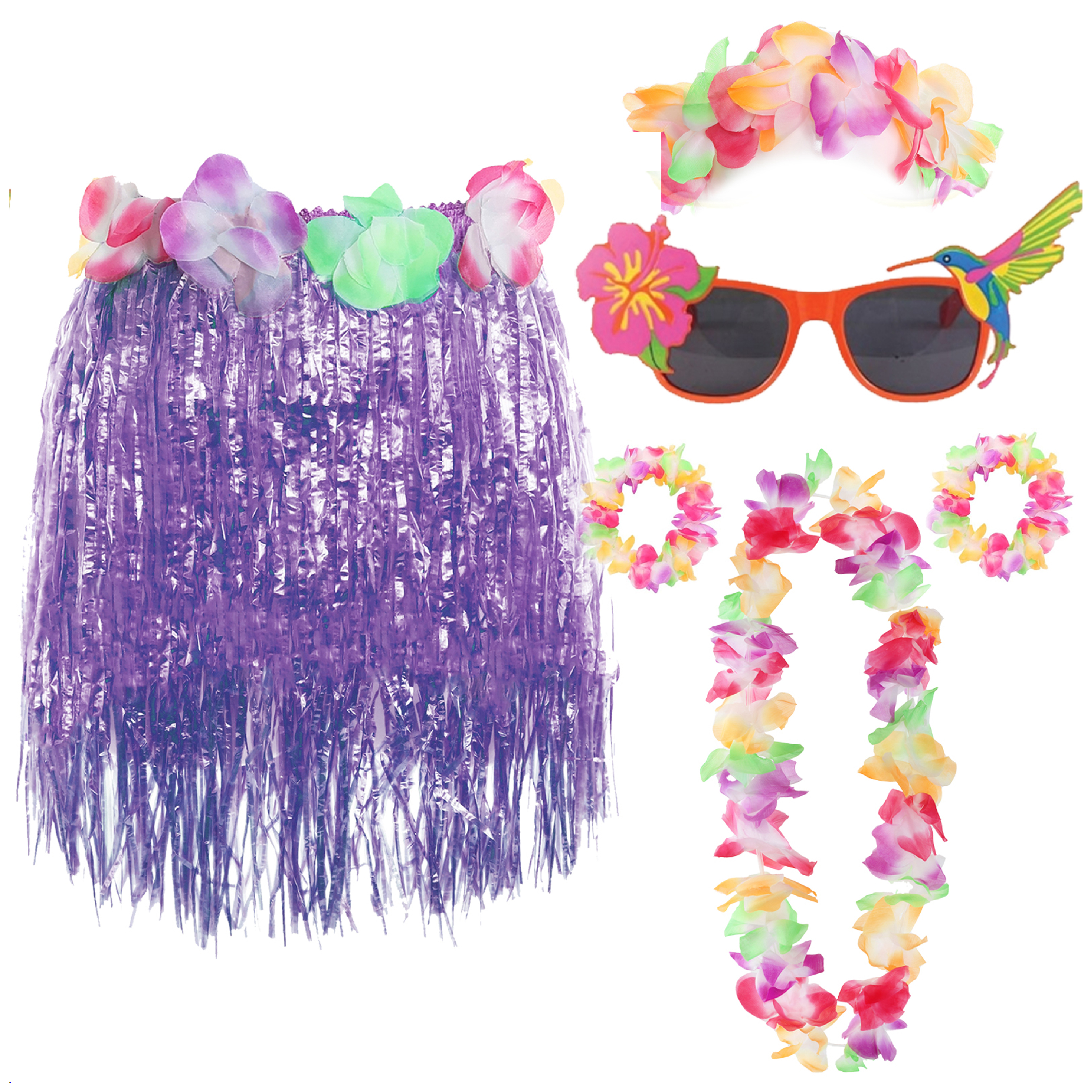 Purple Hula Skirt with Flower Lei & Glasses set