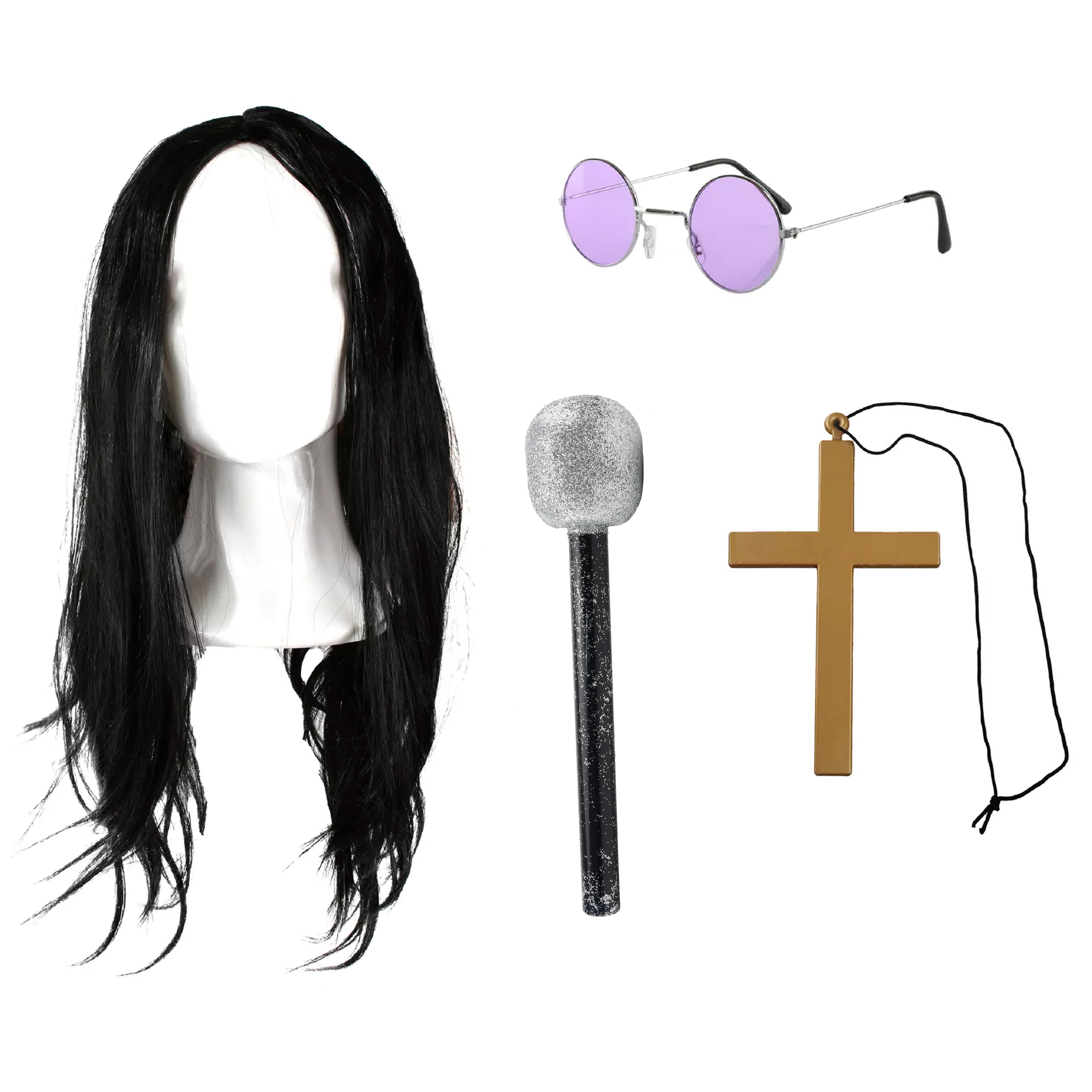 Prince of Darkness Accessory Set | 4 Pcs | Wig, Glasses, Cross Necklace & Mic