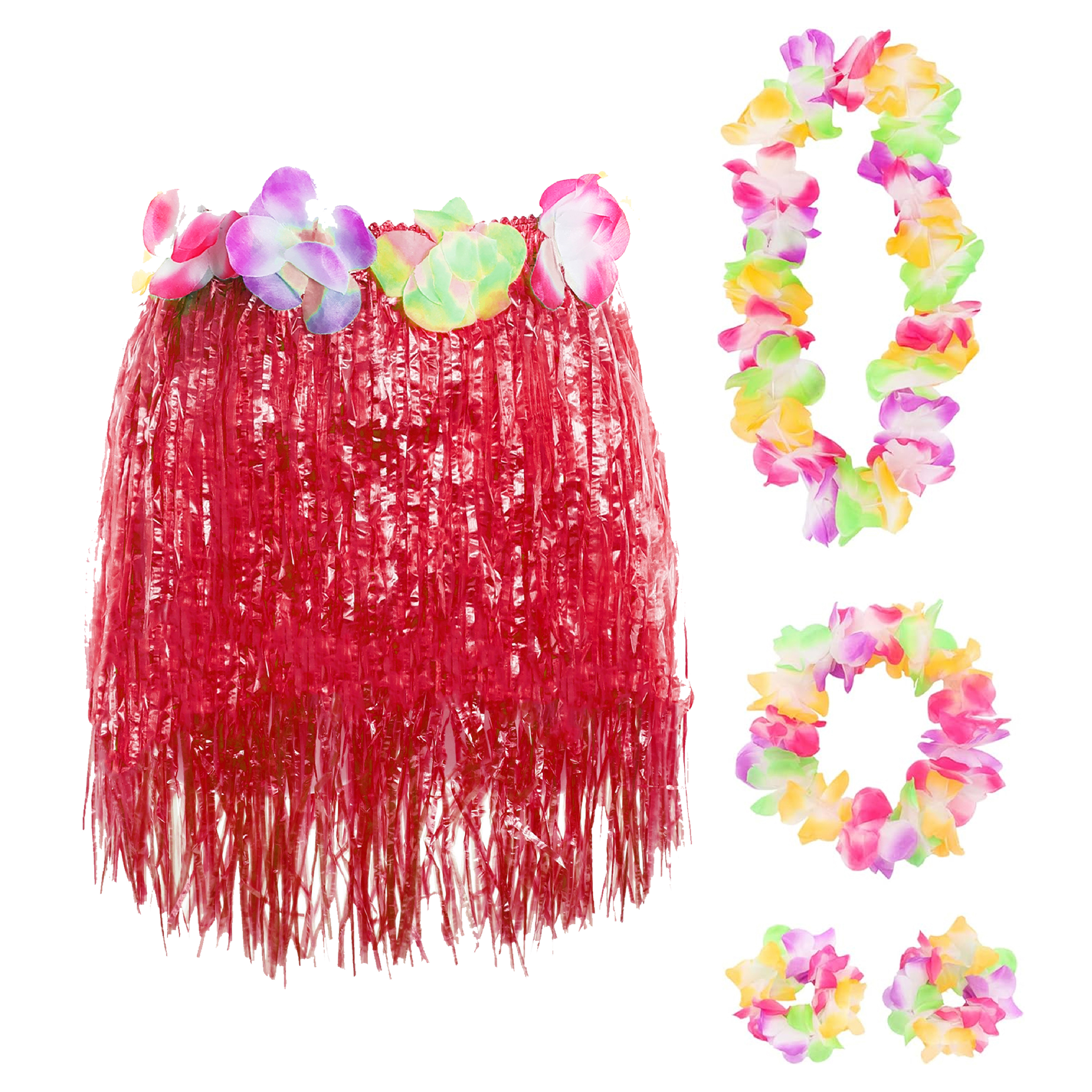 40cm Hawaiian Short Red Hula Skirt & Lei