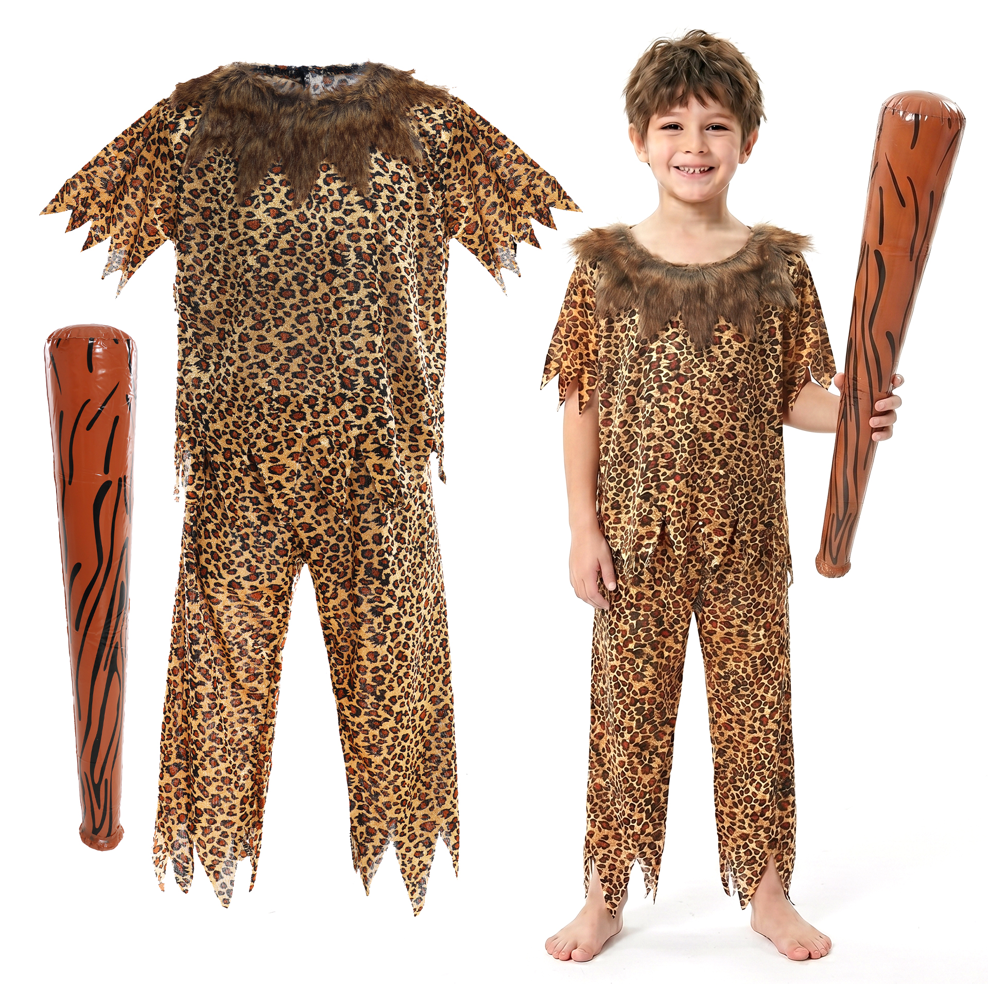 Kids Cave Dweller Costume | 3 Pcs | Top, Bottoms & Inflatable Club