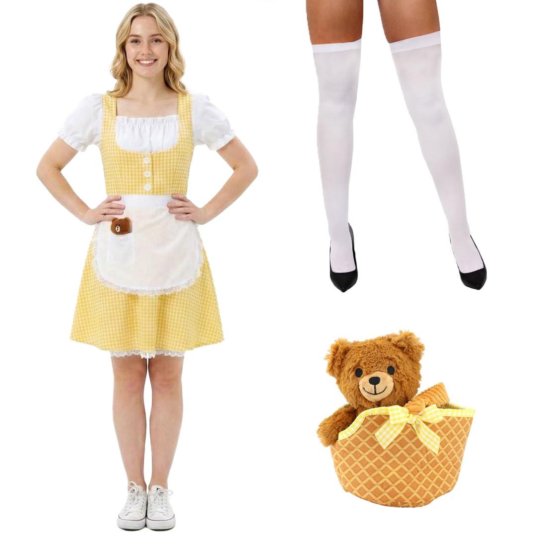 Ladies Goldilocks Costume | 4 Pcs | Dress, Stockings, Soft Basket & Bear