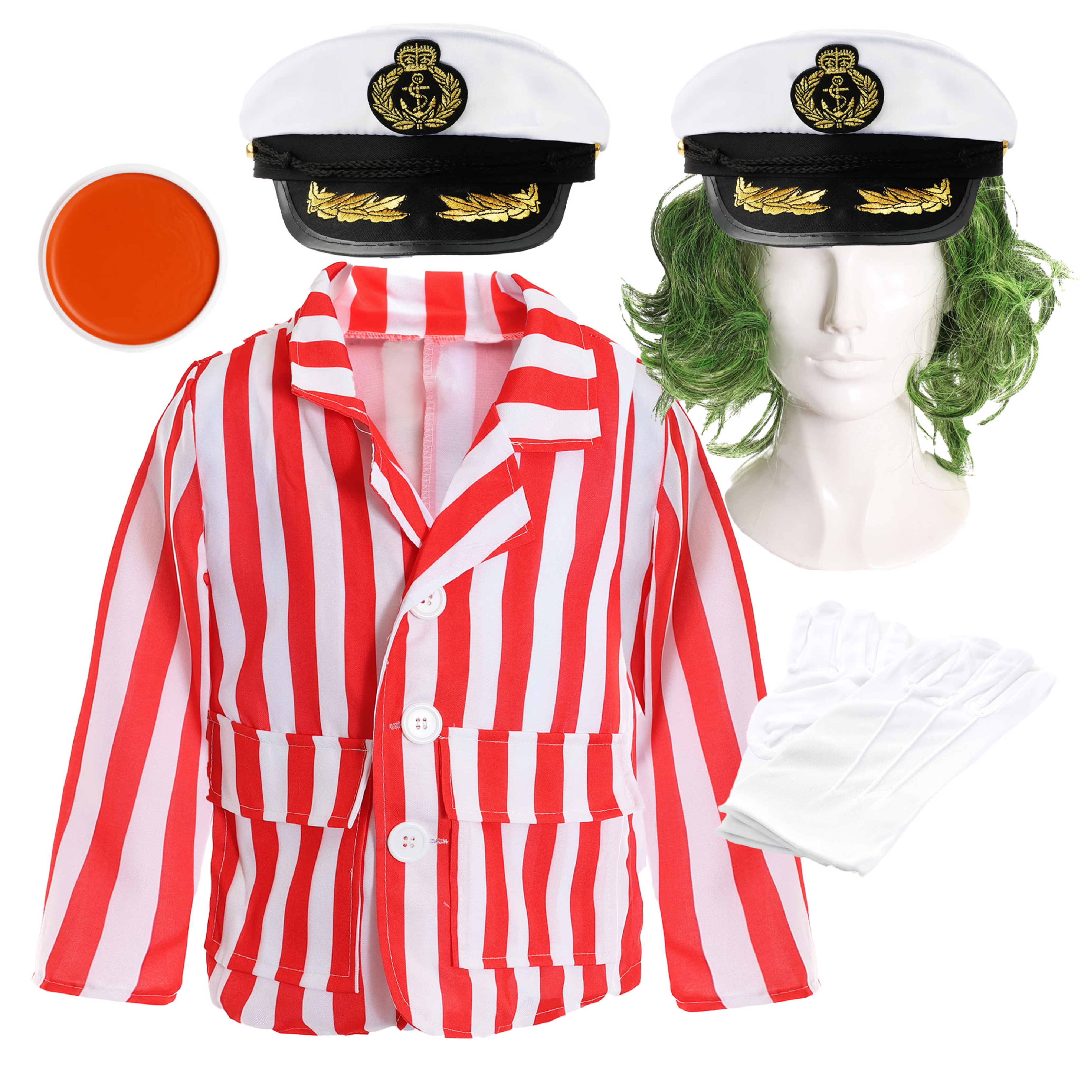 Childs Chocolate Factory Worker Costume - Striped Jacket, Wig, Face Paint, Gloves & Hat