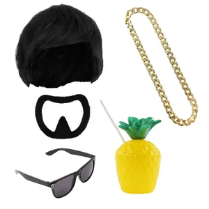 Ibiza Final Boss Costume Accessory Set | 5 Pcs | Wig, Chain, Black Sunglasses, Goatee & Pineapple Cup