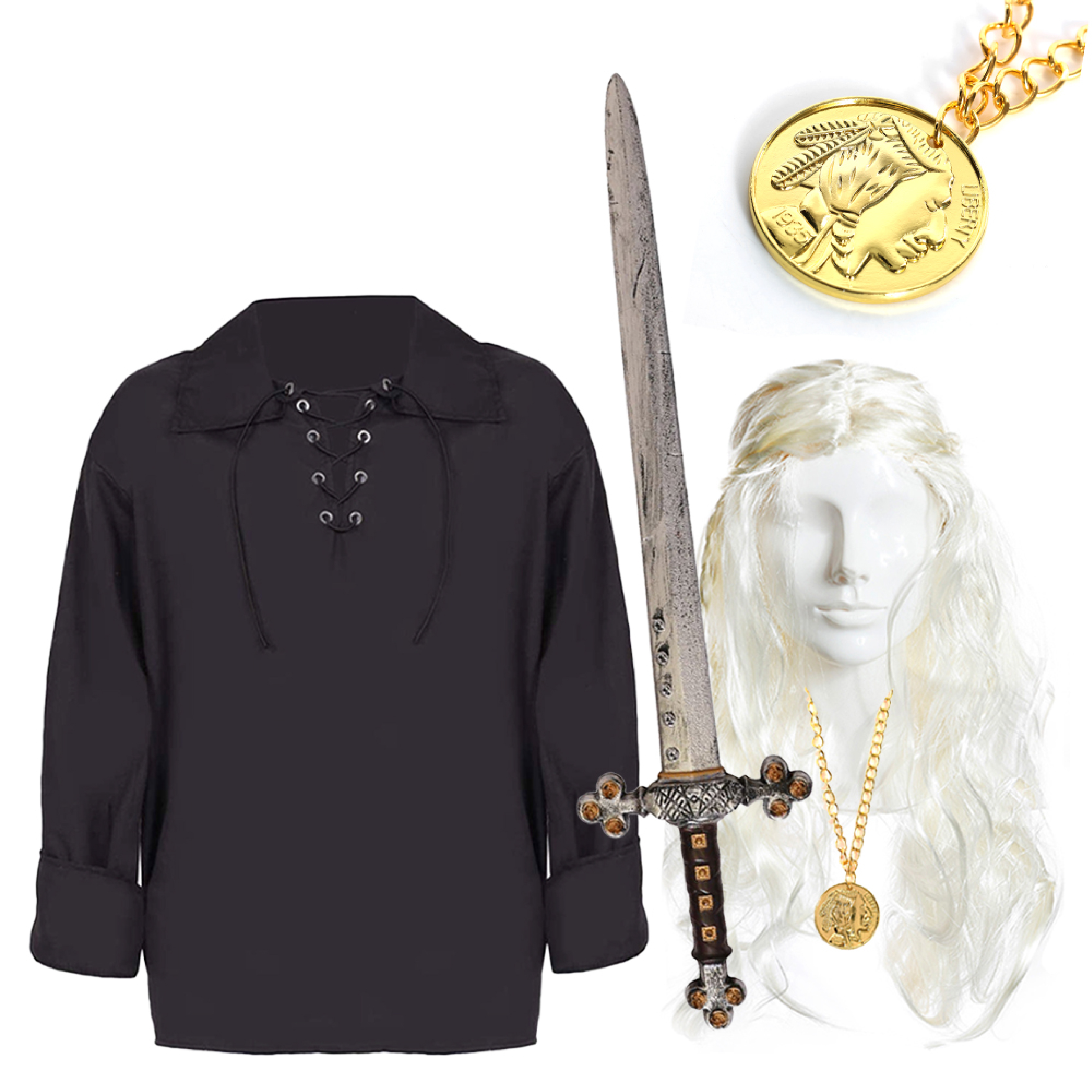 The Witcher Costume - Black Shirt, Sword, Wig and Medallion