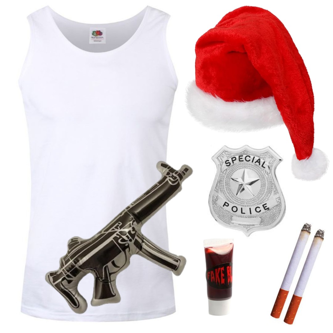 Adults John McClane Costume | 6 Pcs | White Vest, Santa Hat, Badge, Fake Cigarettes, Inflatable Gun & Fake Blood