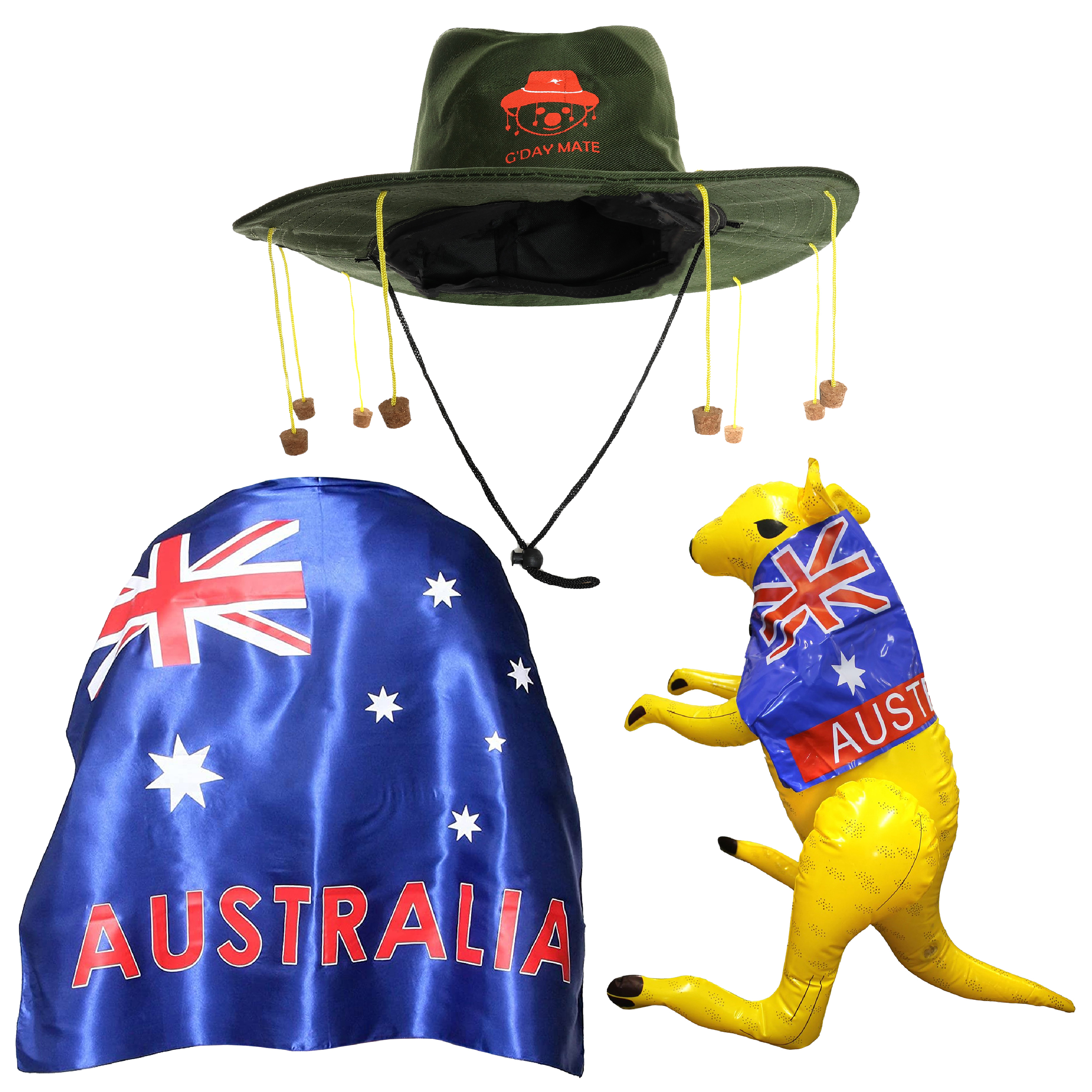 Australia Day 3 Pack Set with Wearable Flag, Inflatable Kangaroo & Hat
