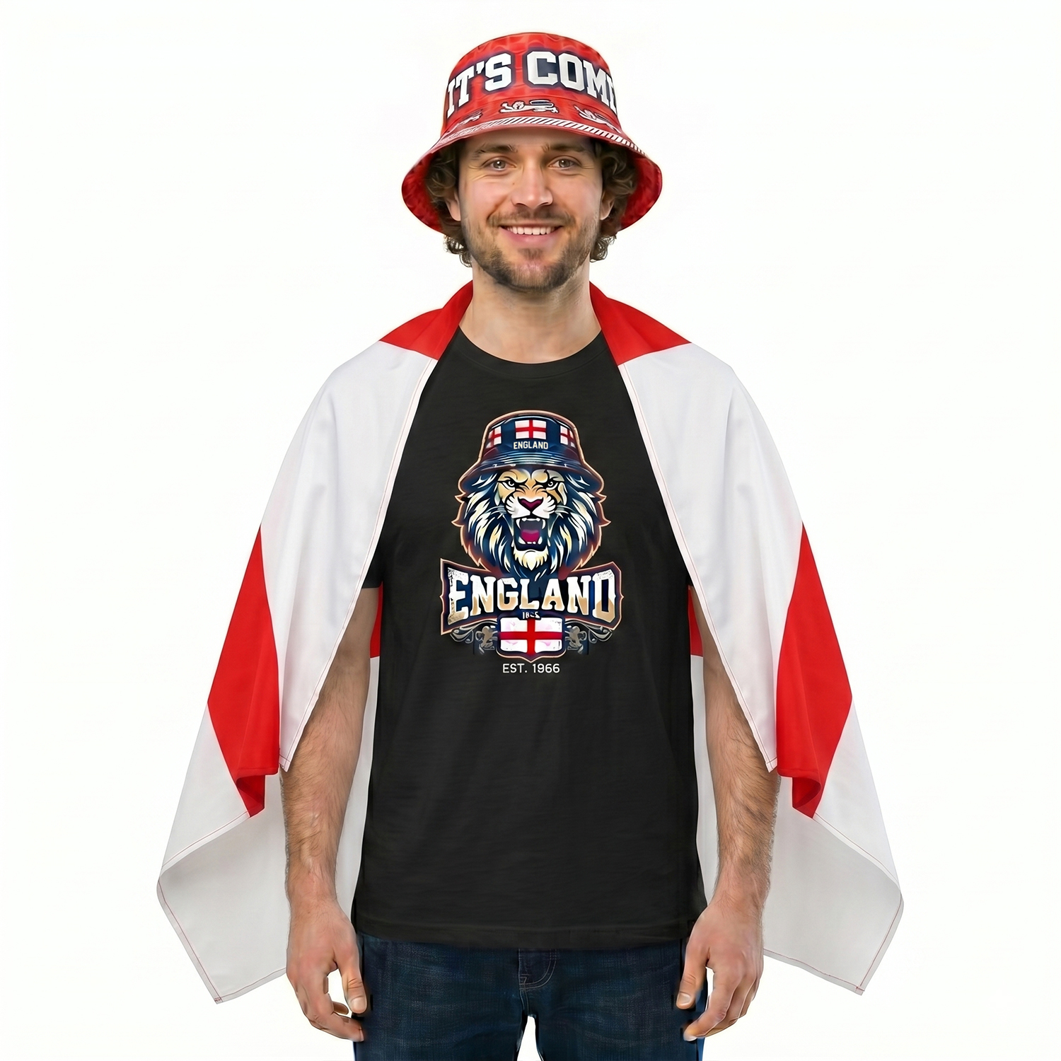 Adults Black England Lion Bucket Hat T-Shirt, Bucket Hat & Flag Cape Set | Football Supporter Graphic Tee