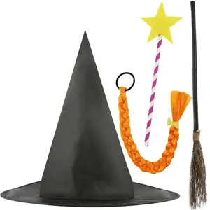 Adult's Kind Witch Accessory Set | 4 Pcs | Hat, Plait, Wand & Broom