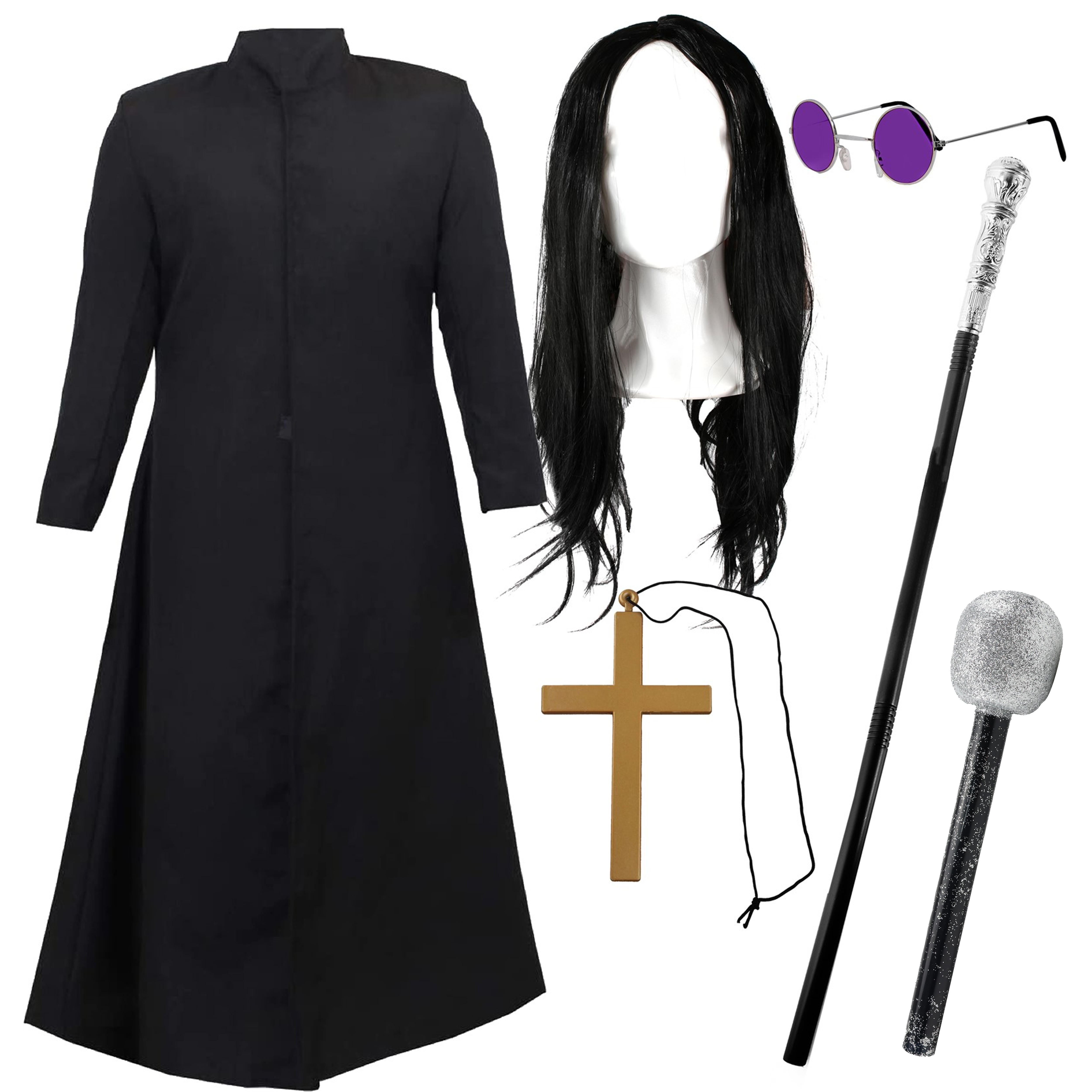 Prince of Darkness Costume | 6 Pcs | Duster Jacket, Wig, Glasses, Cross Necklace, Cane & Mic