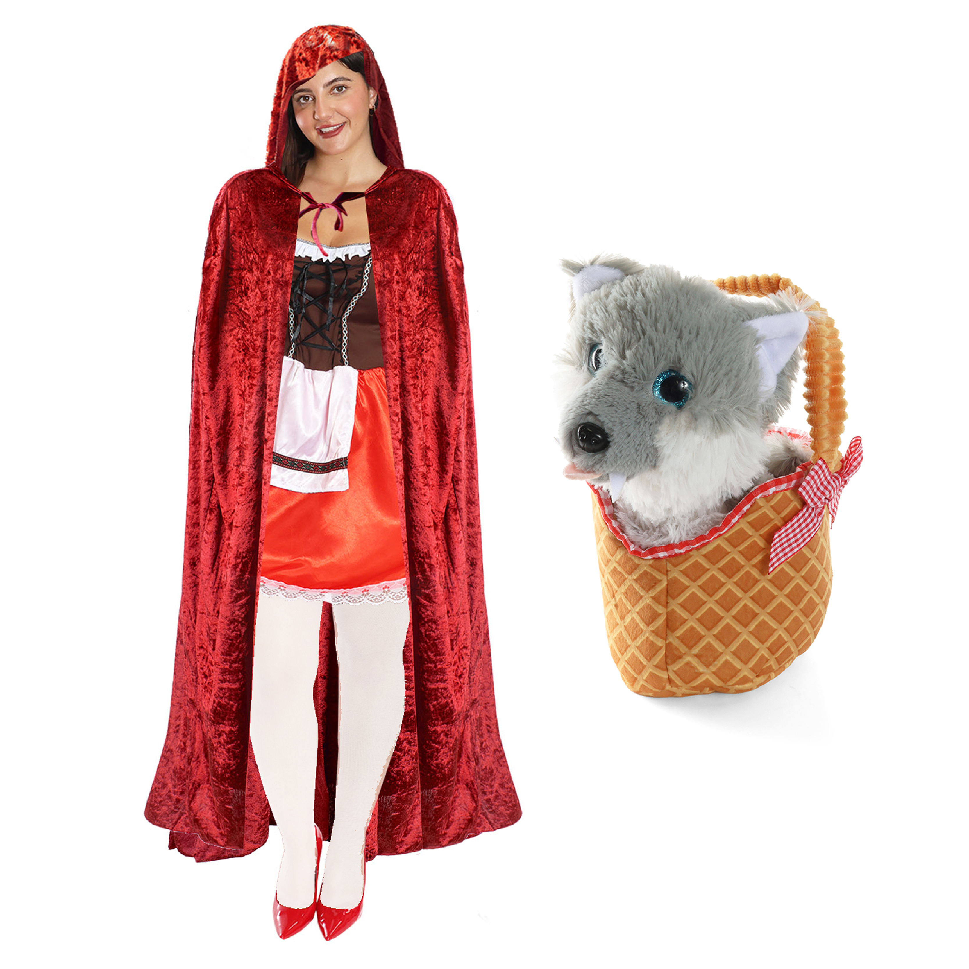 Women's Red Riding Hood Costume - Dress, Velour Cape, Tights & Soft Wolf in Basket