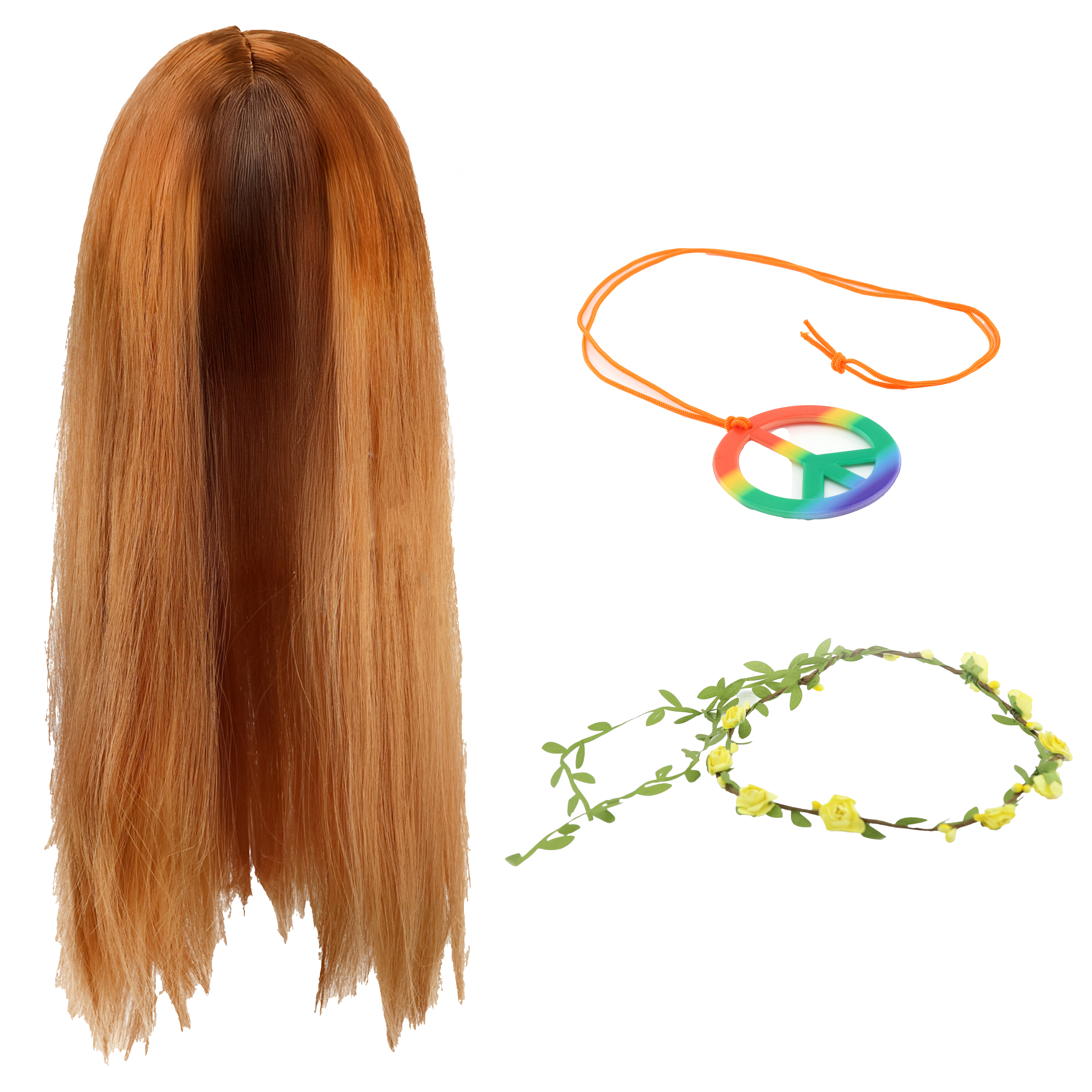 Hippy Accessory Set – Wig, Rainbow Peace Necklace & Yellow Flower Headband