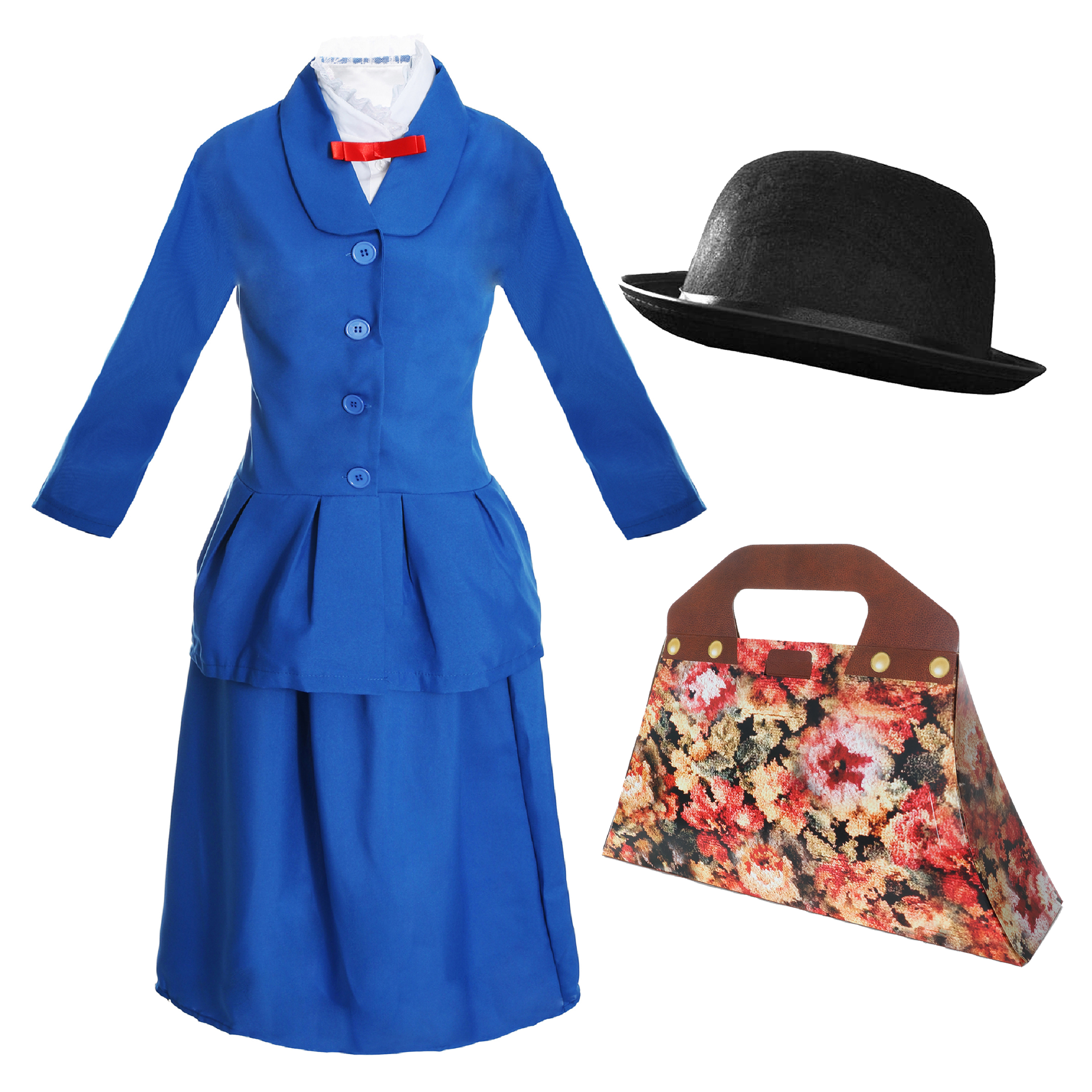 Ladies Magical Nanny Costume - with Plain Bowler Hat, White Gloves & Cardboard Floral Bag