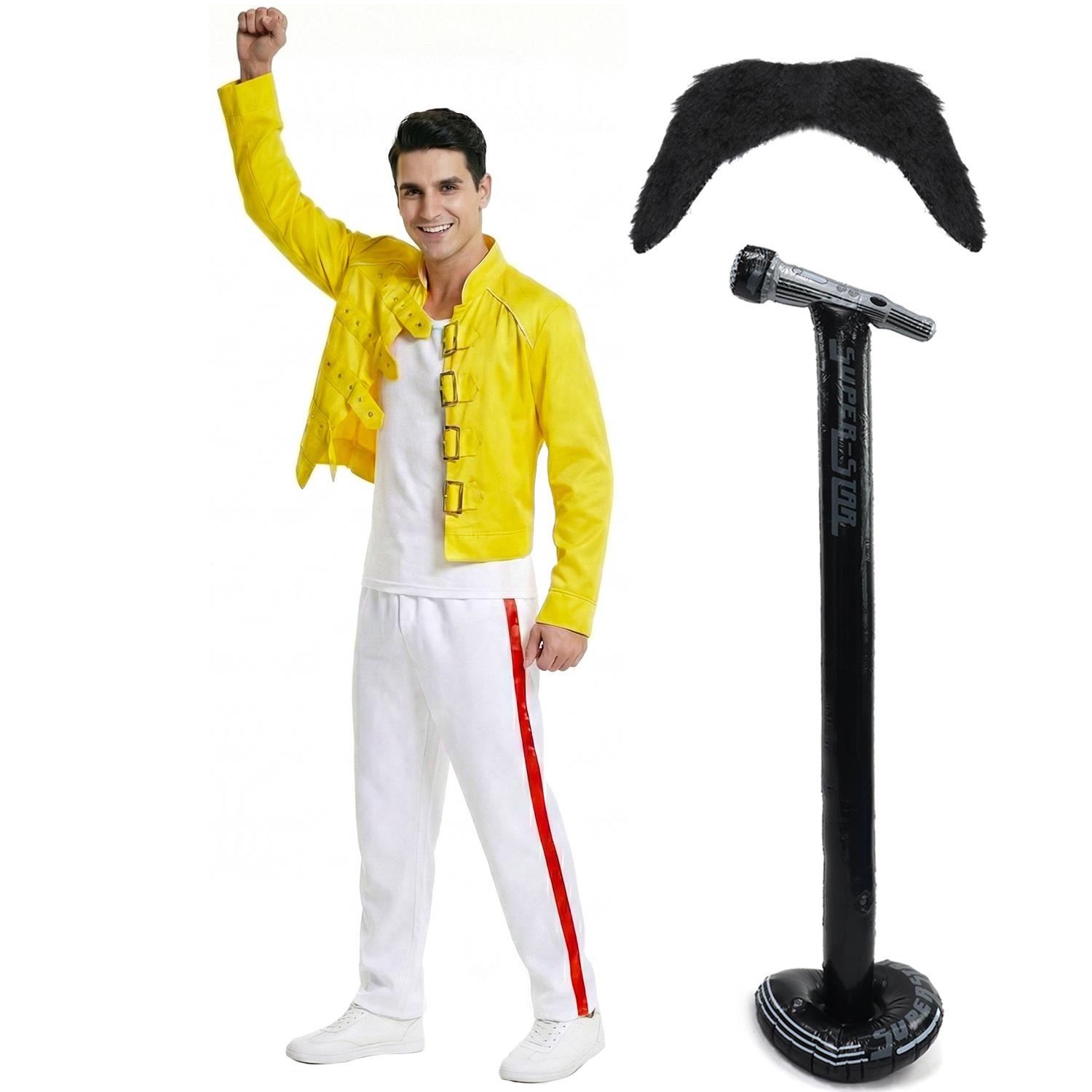 Adults 80's Rock Star Costume Set | 4 Pcs | Yellow Jacket, White Trousers, Tash & Inflatable Mic Stand