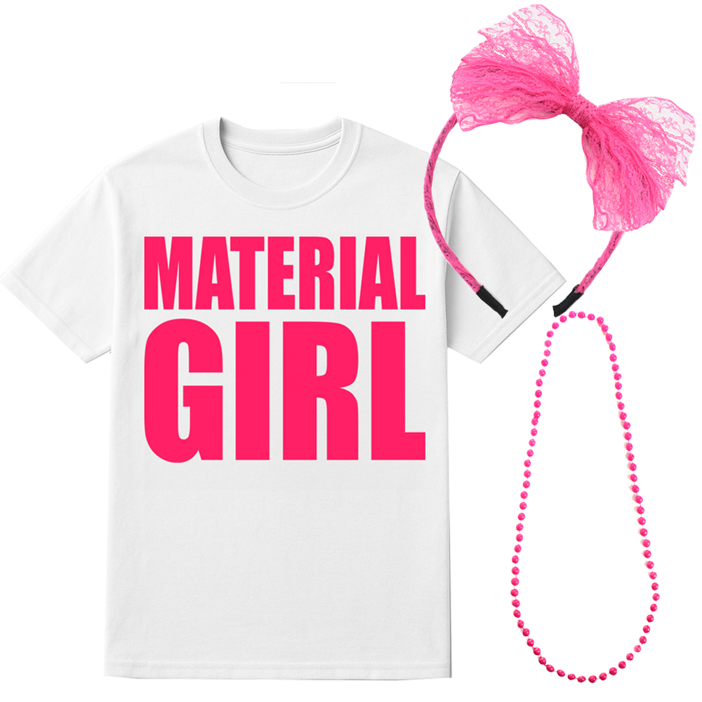 Ladies Material Girl Costume – Printed T-shirt, Beads & Lace Headband