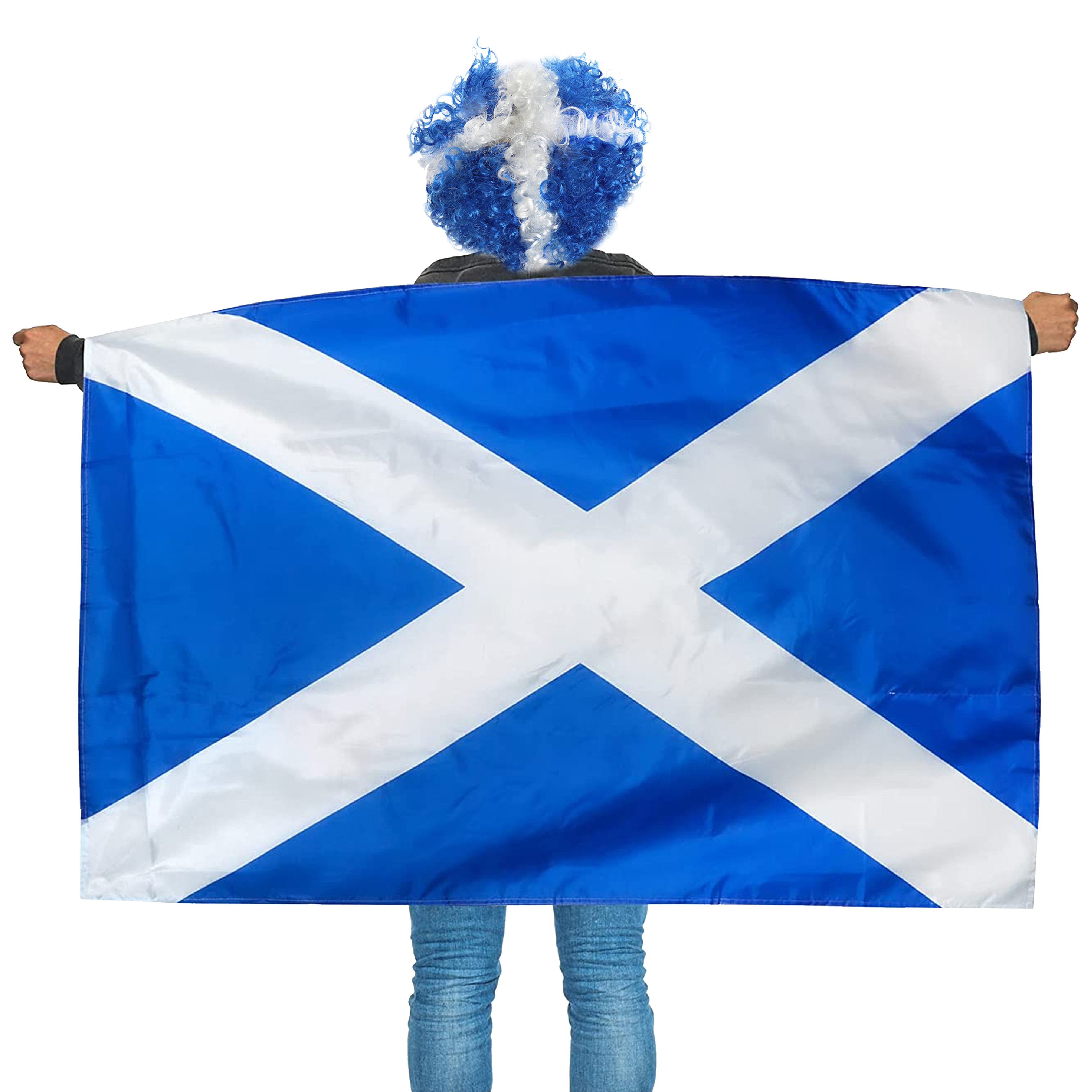 Wearable Scotts Flag with Blue and White Afro Wig