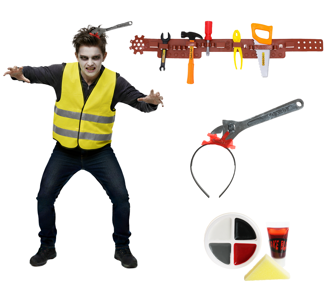 Kids Zombie Builder Costume | 10 Pcs | Yellow Hi-Vis Vest, 7 Pcs Tool Belt, Spanner Headband & Face Paint