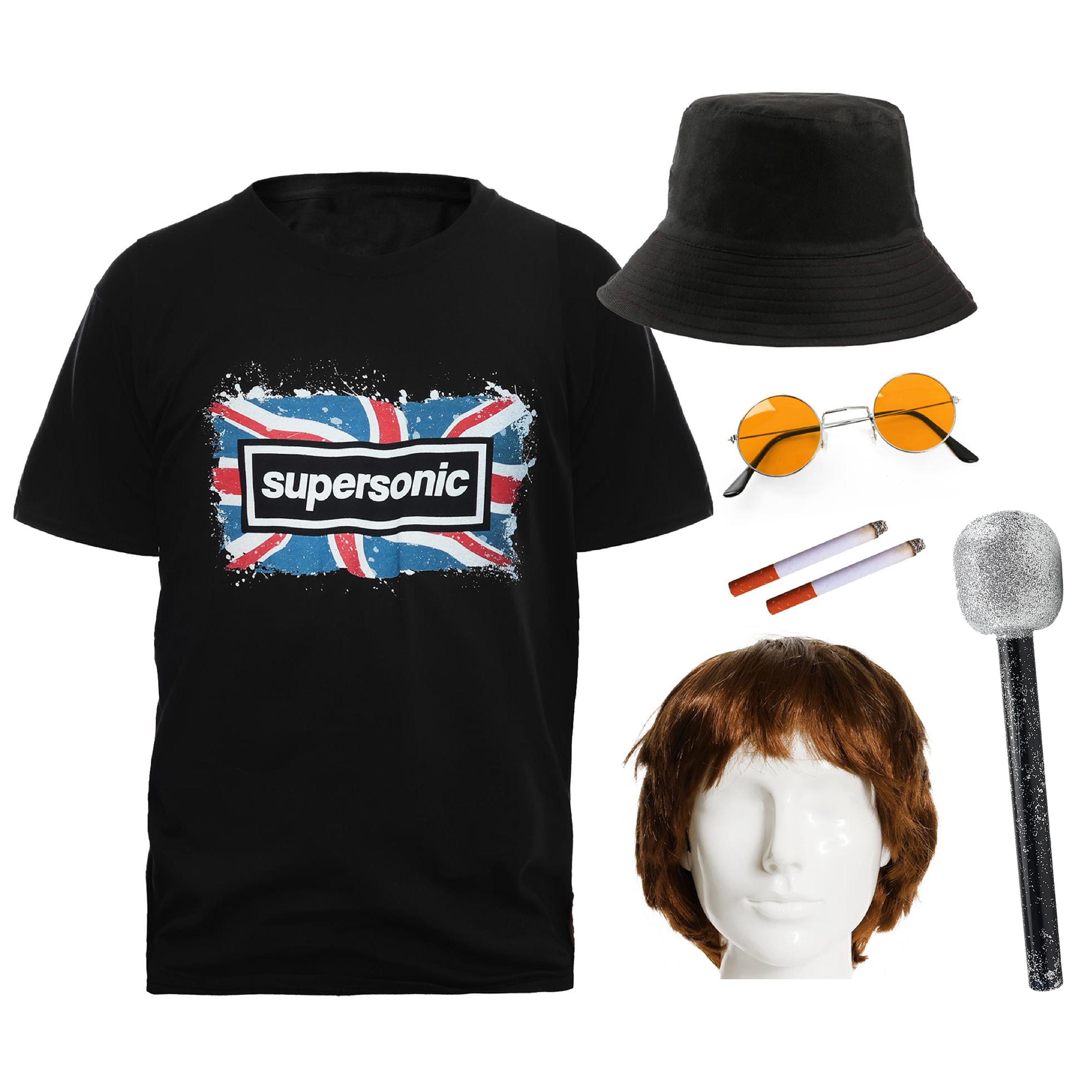 Adults Britpop Cosplay Costume - Super Sonic Tee, Wig, Glasses, Fake Cigarettes, Bucket Hat & Mic