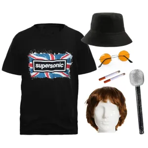 Adults Britpop Cosplay Costume - Super Sonic Tee, Wig, Glasses, Fake Cigarettes, Bucket Hat & Mic