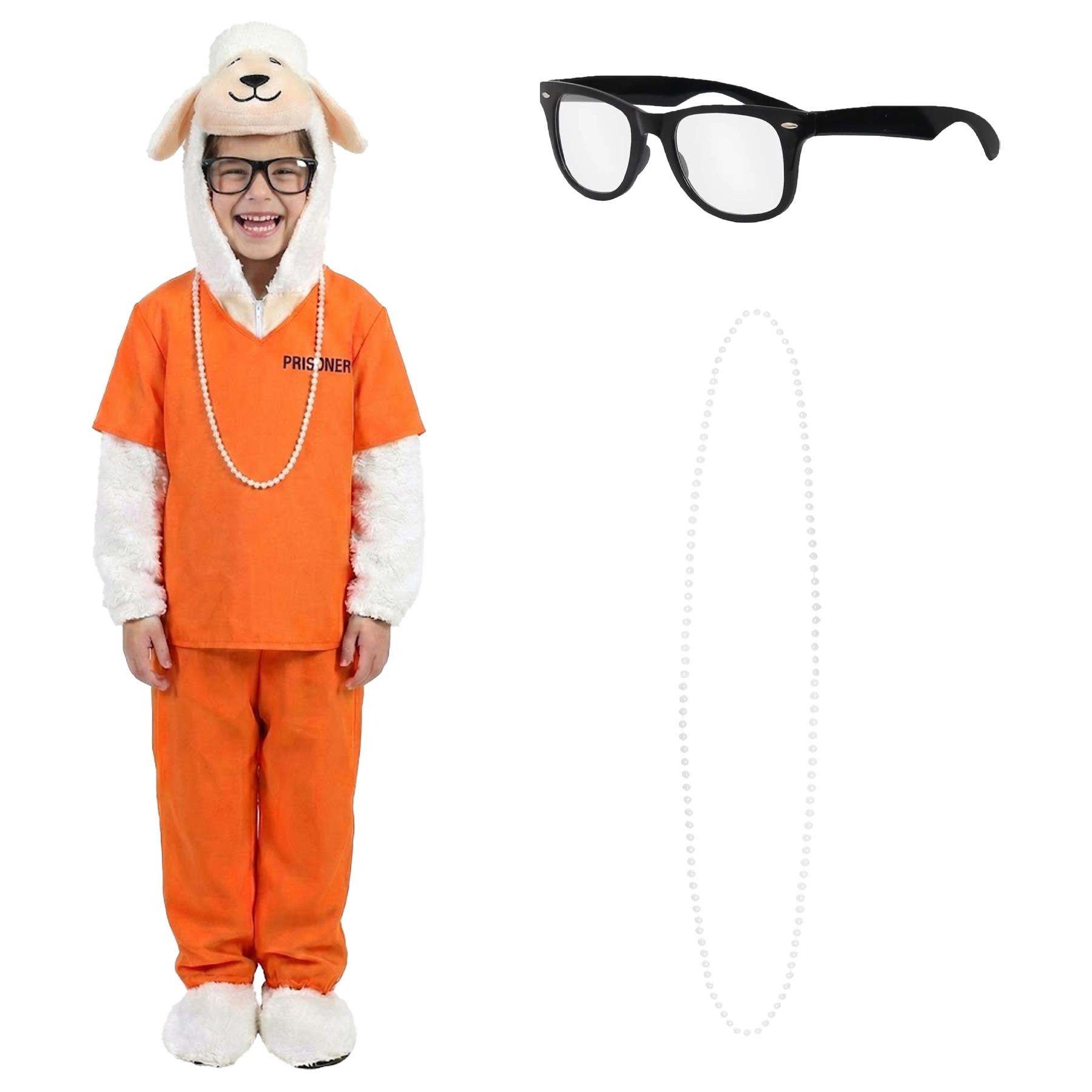 Kids Assistant Mayor Sheep Costume | 4 Pcs | Sheep Jumpsuit, Prisoner Costume, Glasses & Necklace