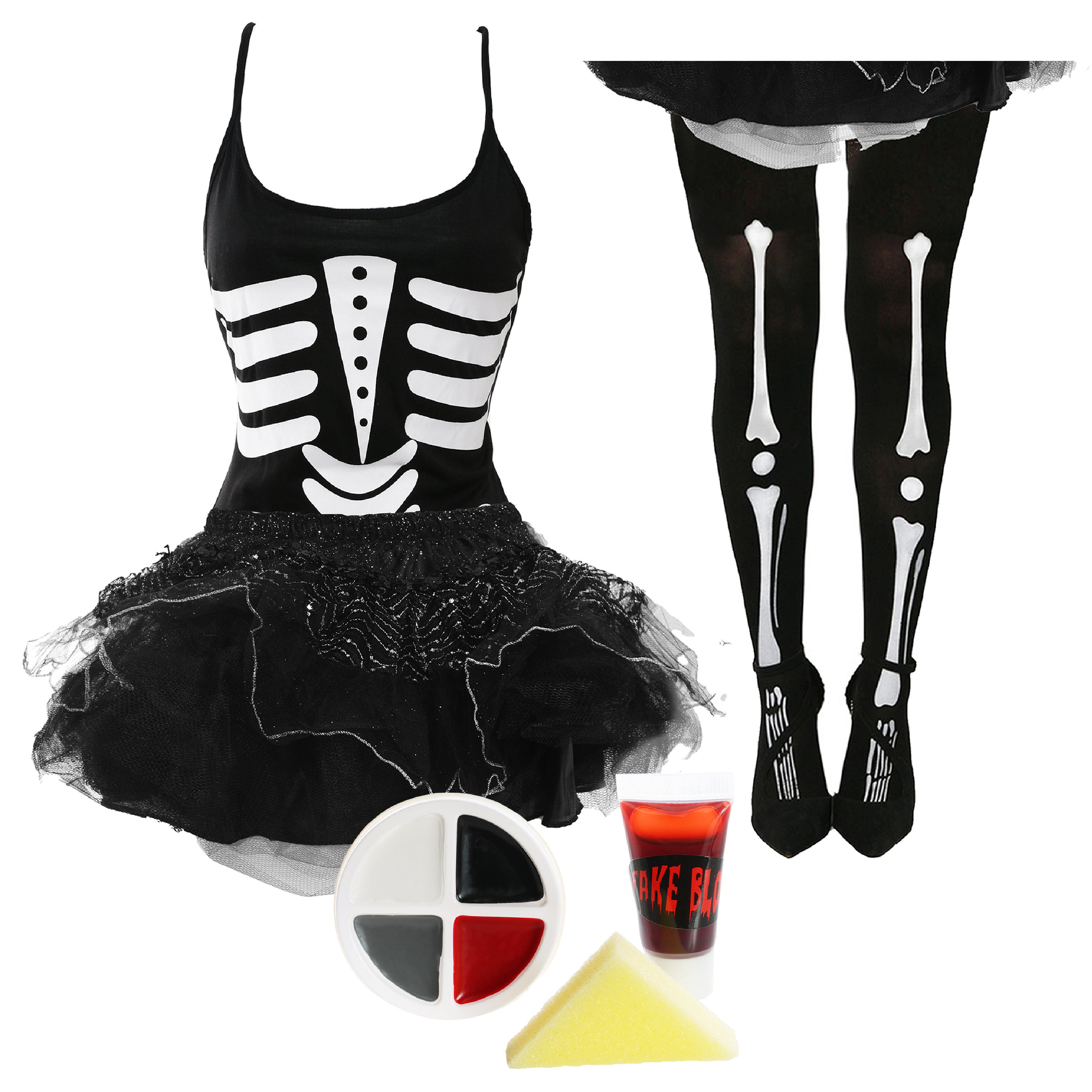 Ladies Skeleton Tutu Dress with Tights & Face Paint