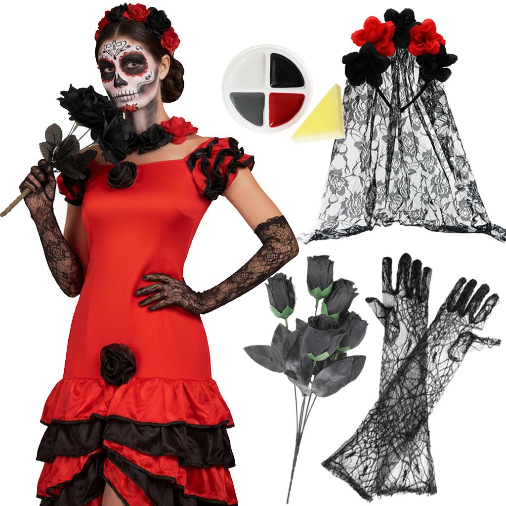 Ladies Day of The Dead Halloween Costume | 5 Pcs | Rumba Dress, Veil, Gloves, Rose Bouquet & Face Paint