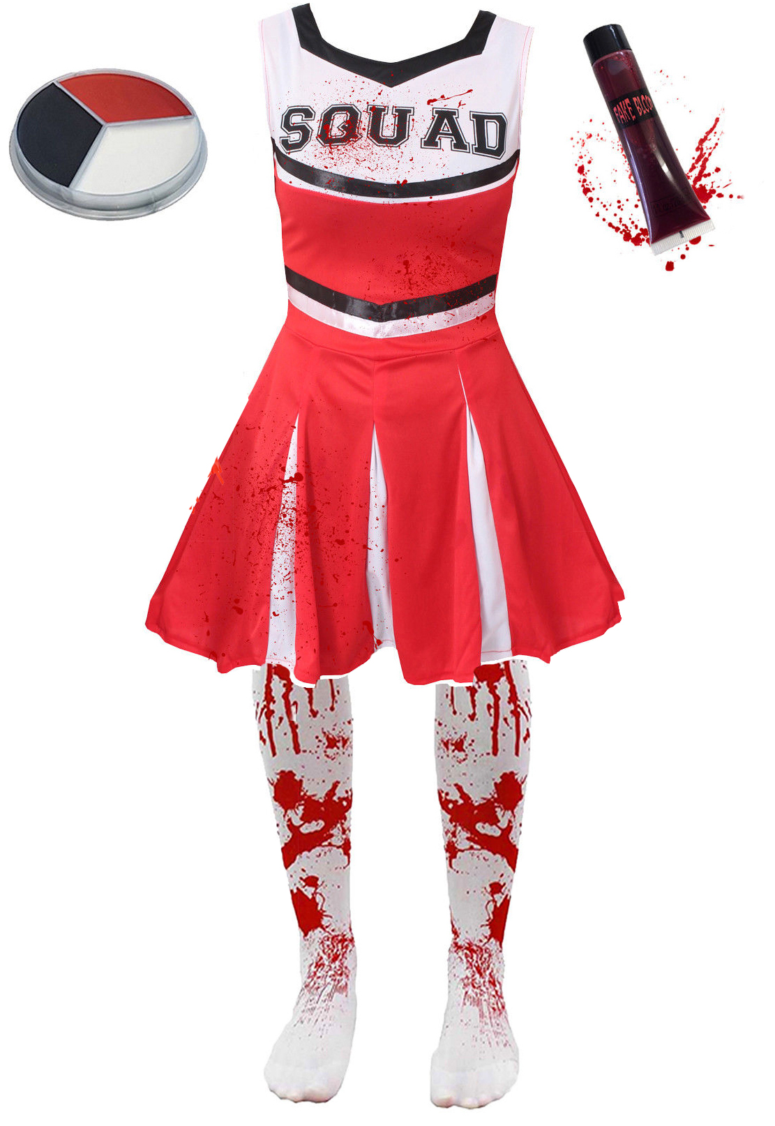 Girls Red Zombie Cheerleader Halloween Fancy Dress Costume with Tights