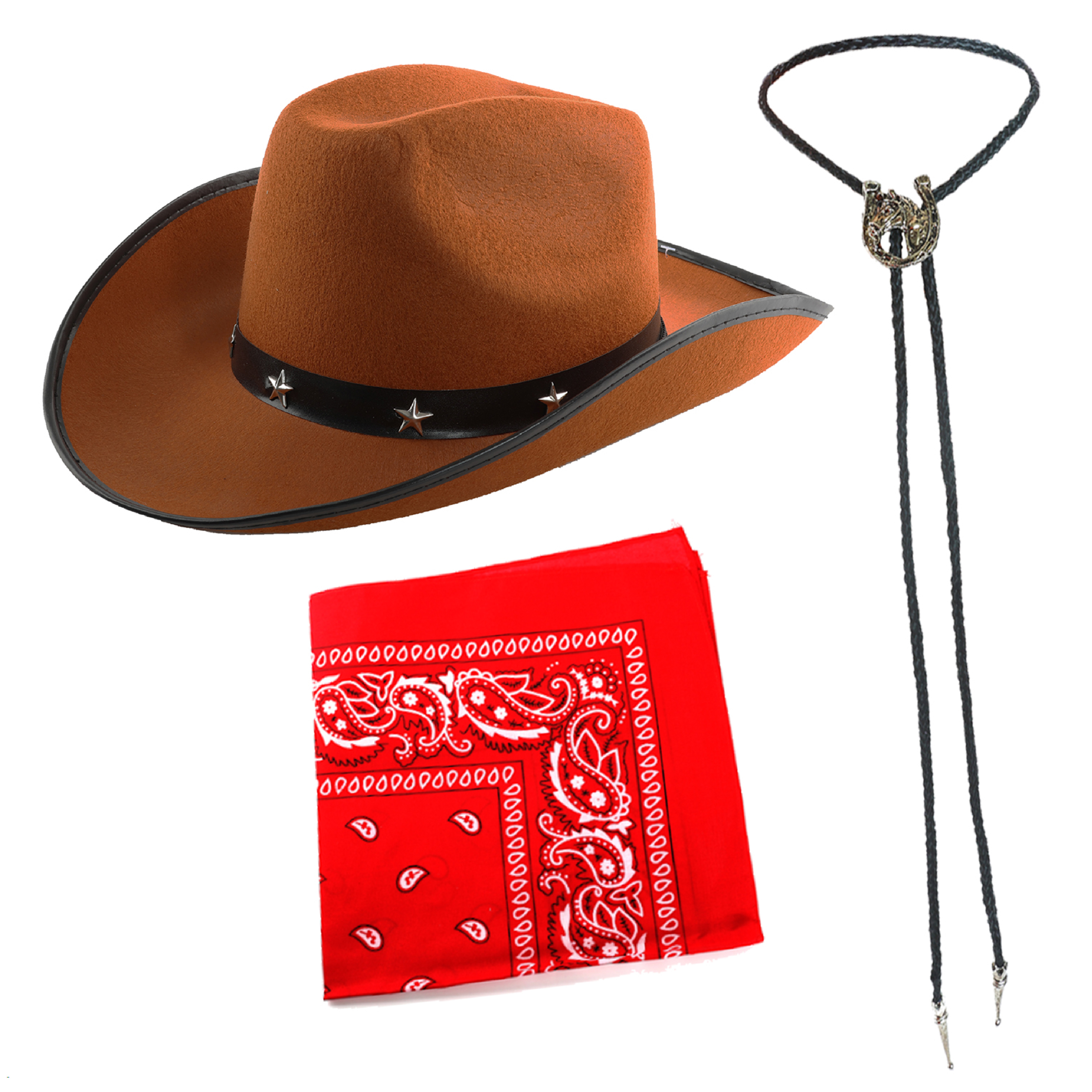 Brown Star Studded Cowboy Hat with Bandana & Tie