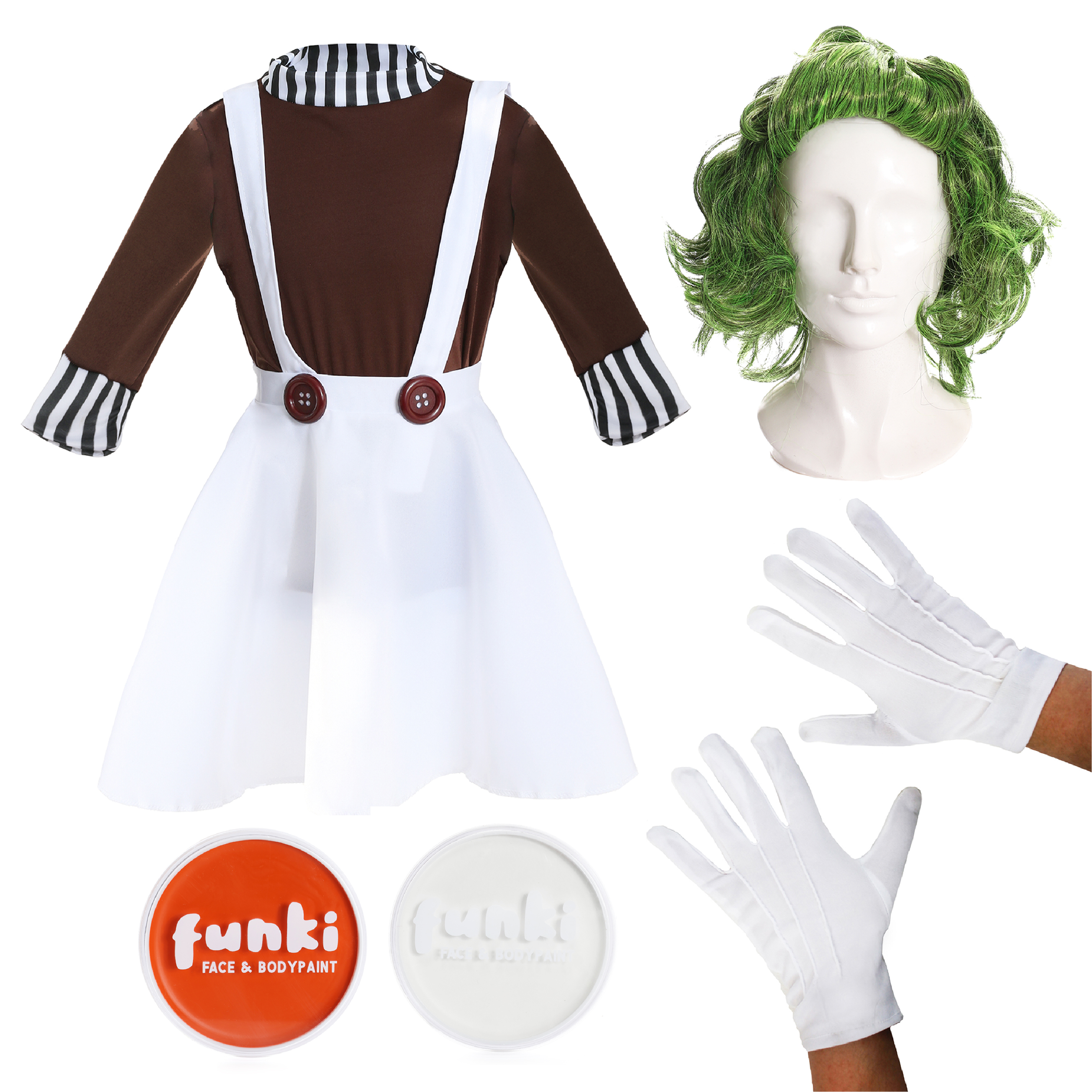 Girls Chocolate Factory Worker Costume - Wig, Face Paint & Gloves