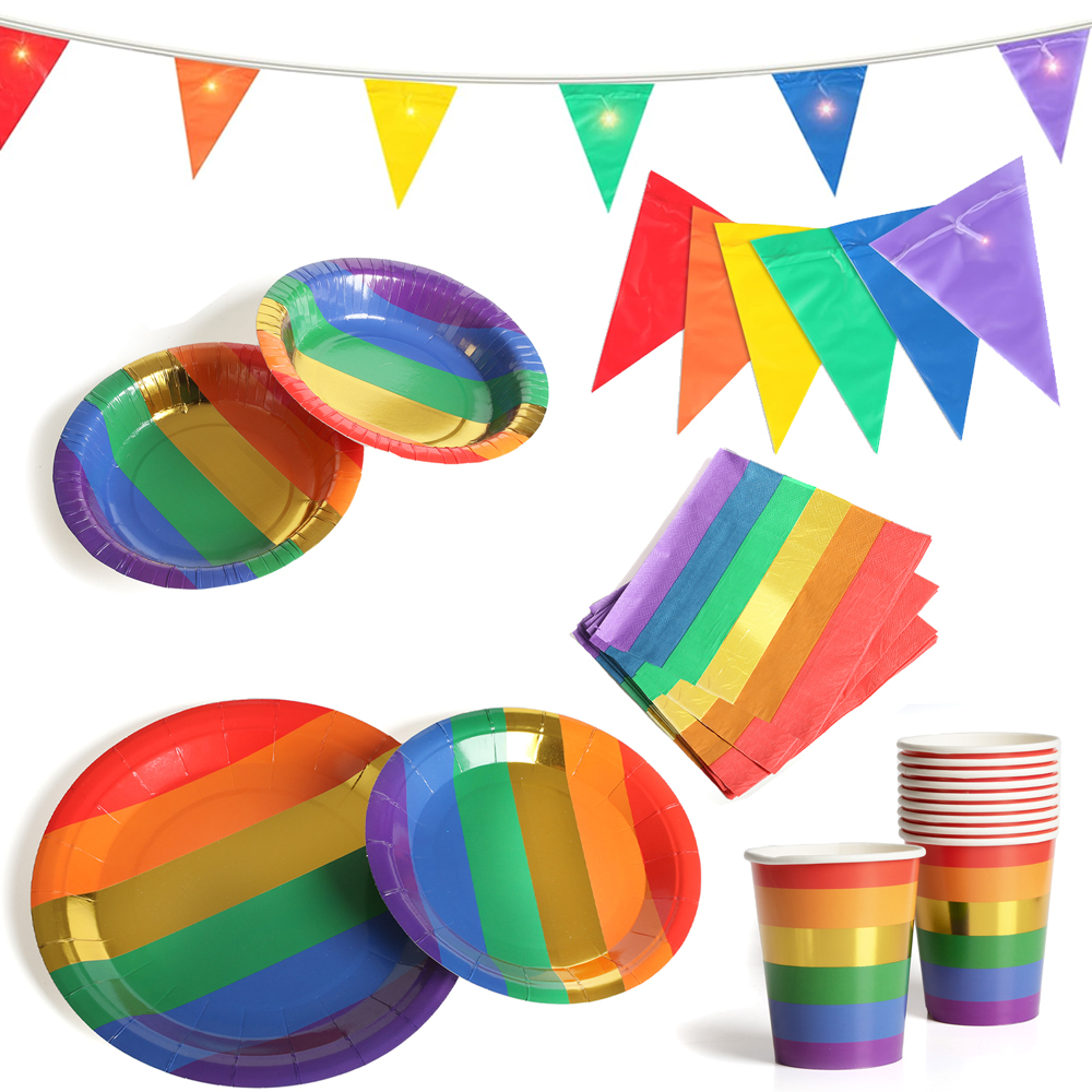 61-Piece Rainbow Partyware Set - Disposable Cups, Plates, Bowls, Napkins & Light up Bunting for Parties & Events