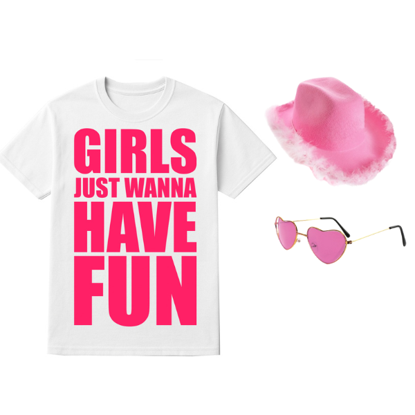 Ladies “Girls Wanna Have Fun” Costume - Printed T-Shirt, Cowboy Hat & Heart Sunglasses