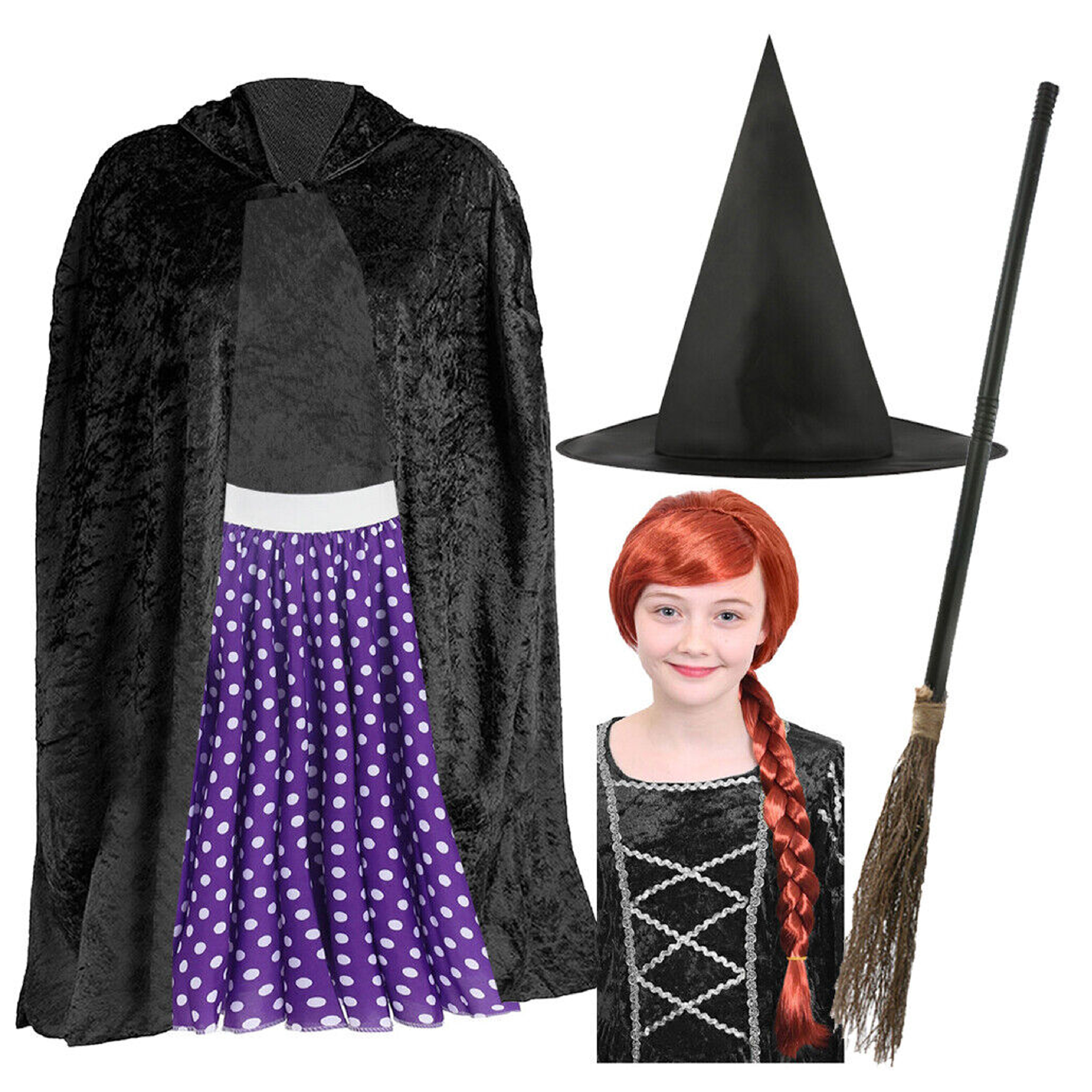 Child's Kind Witch Costume | 5 Pcs | Skirt, Cape, Hat, Wig & Broom