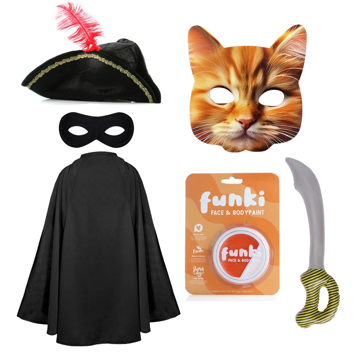 Childs Cat Bandit Costume | 6 Pcs | Cape, Hat, Black Mask, Cat Mask, Inflatable Sword, Orange & White Face Paint