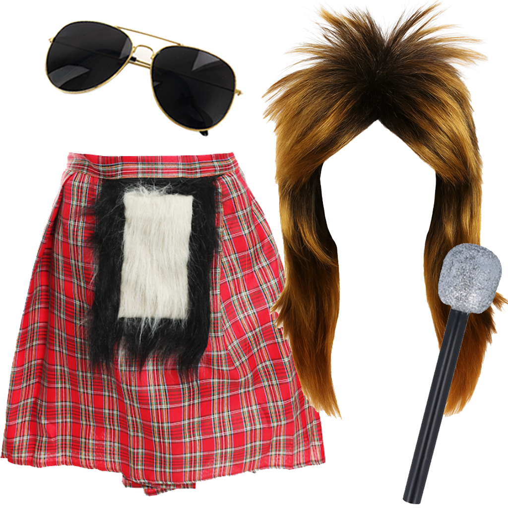 Rod Steward Inspired Costume - Wig, Sunglasses, Microphone & Kilt