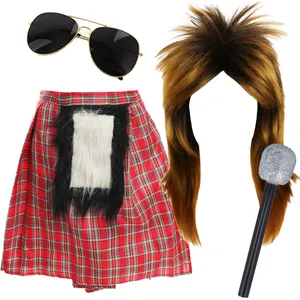Rod Steward Inspired Costume - Wig, Sunglasses, Microphone & Kilt