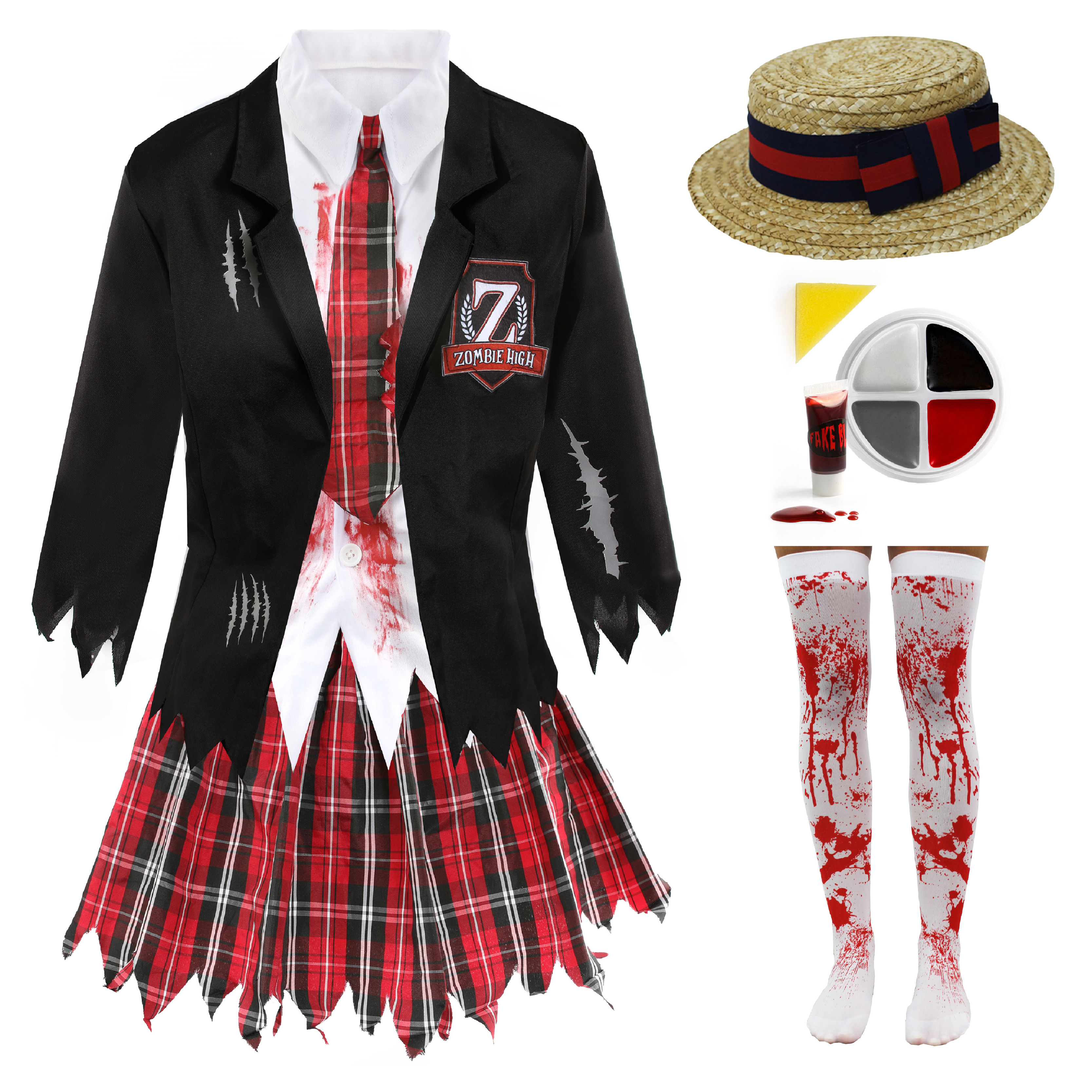 Ladies Zombie Schoolgirl Halloween Costume With Stockings, Facepaint, Blood & Boater