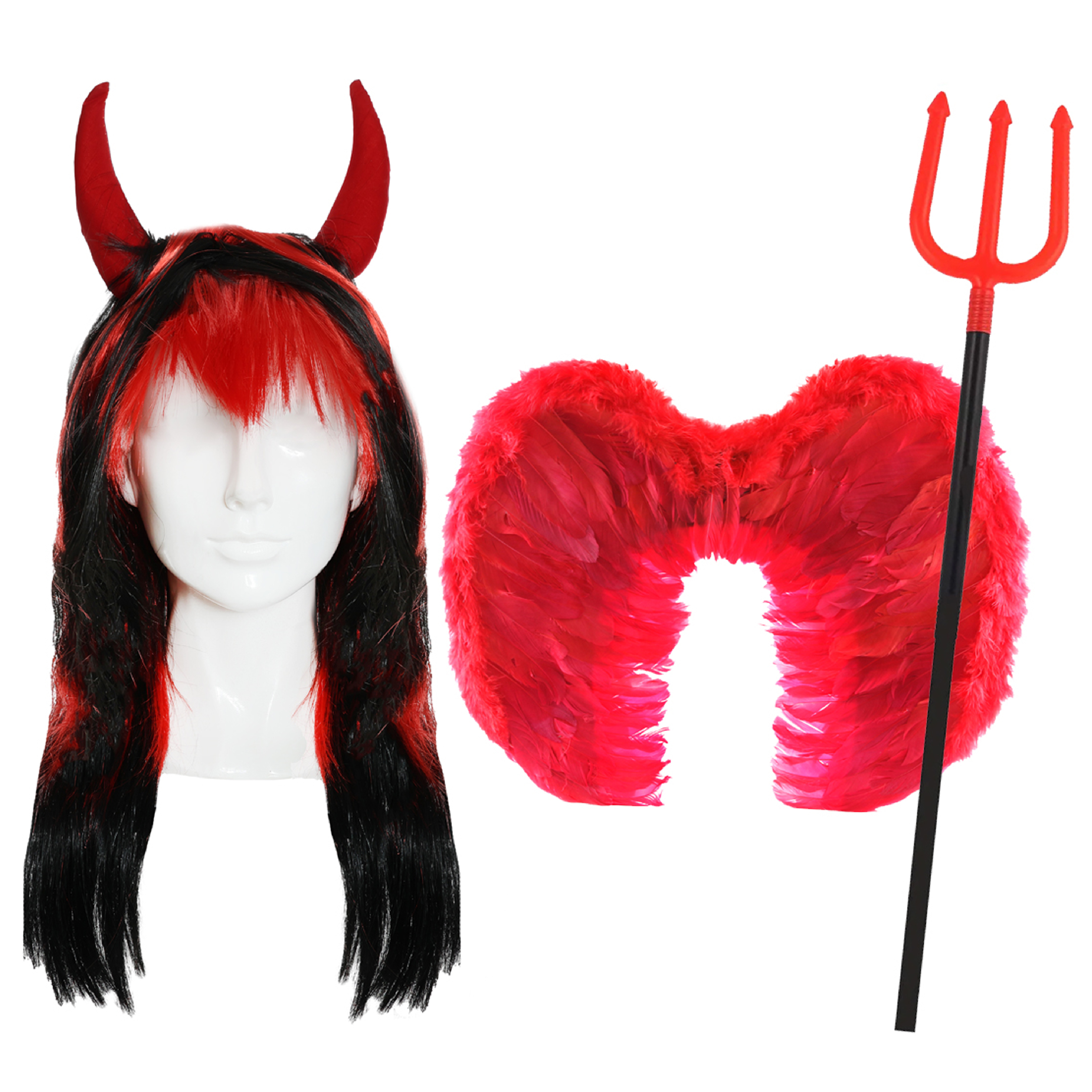 Devil Wig With Horns Plus Red Feather Wings and Devil Fork Trident