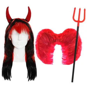 Devil Wig With Horns Plus Red Feather Wings and Devil Fork Trident
