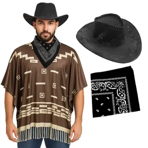 Adults Wild Western Costume | 3 Pcs | Brown Poncho, Black Bandana & Black Suede Cowboy Hat