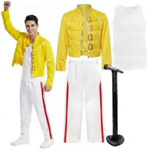 Adults 80's Rock Star Costume | 4 Pcs | Yellow Jacket, Vest, White Trousers & Inflatable Mic Stand