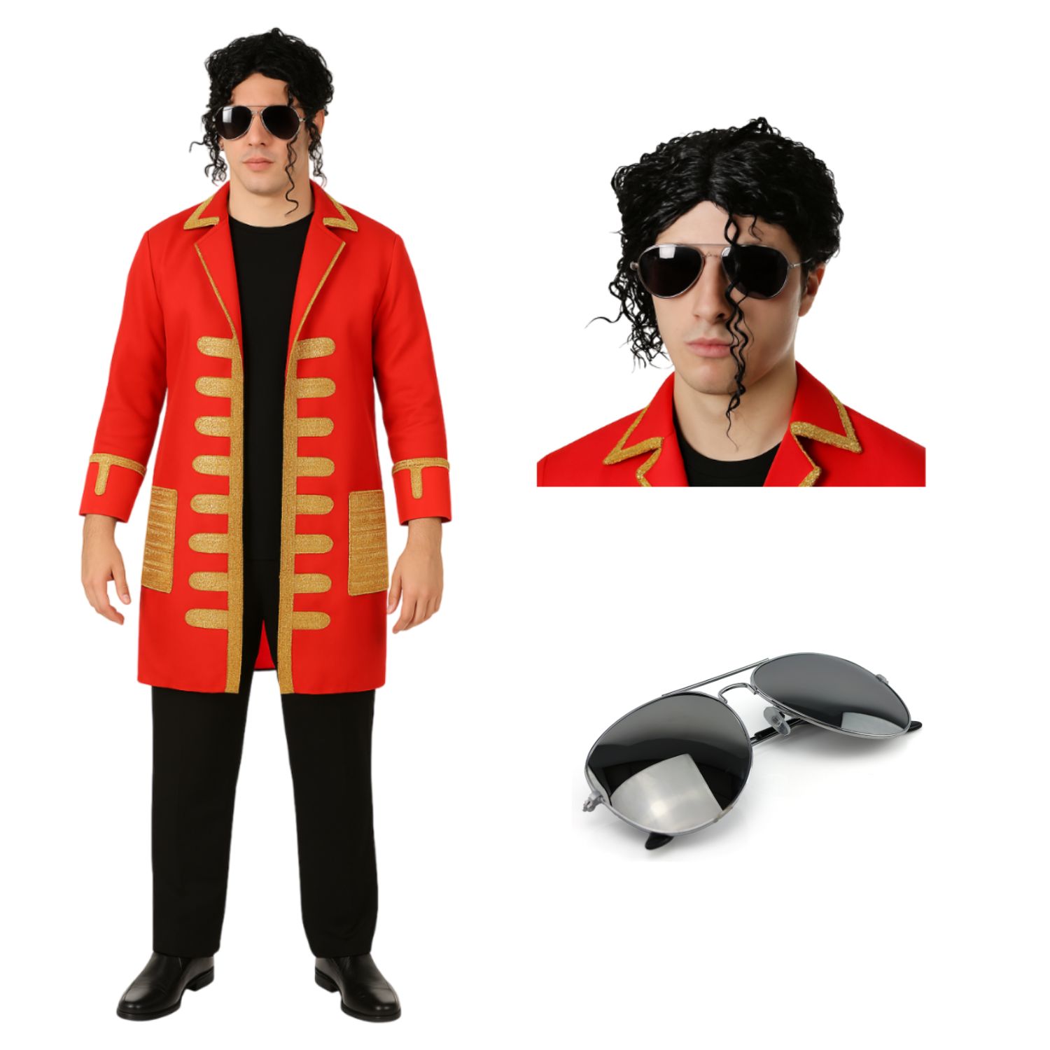 Adults King of Pop Costume | 3 Pcs | Red Jacket, Wig & Glasses