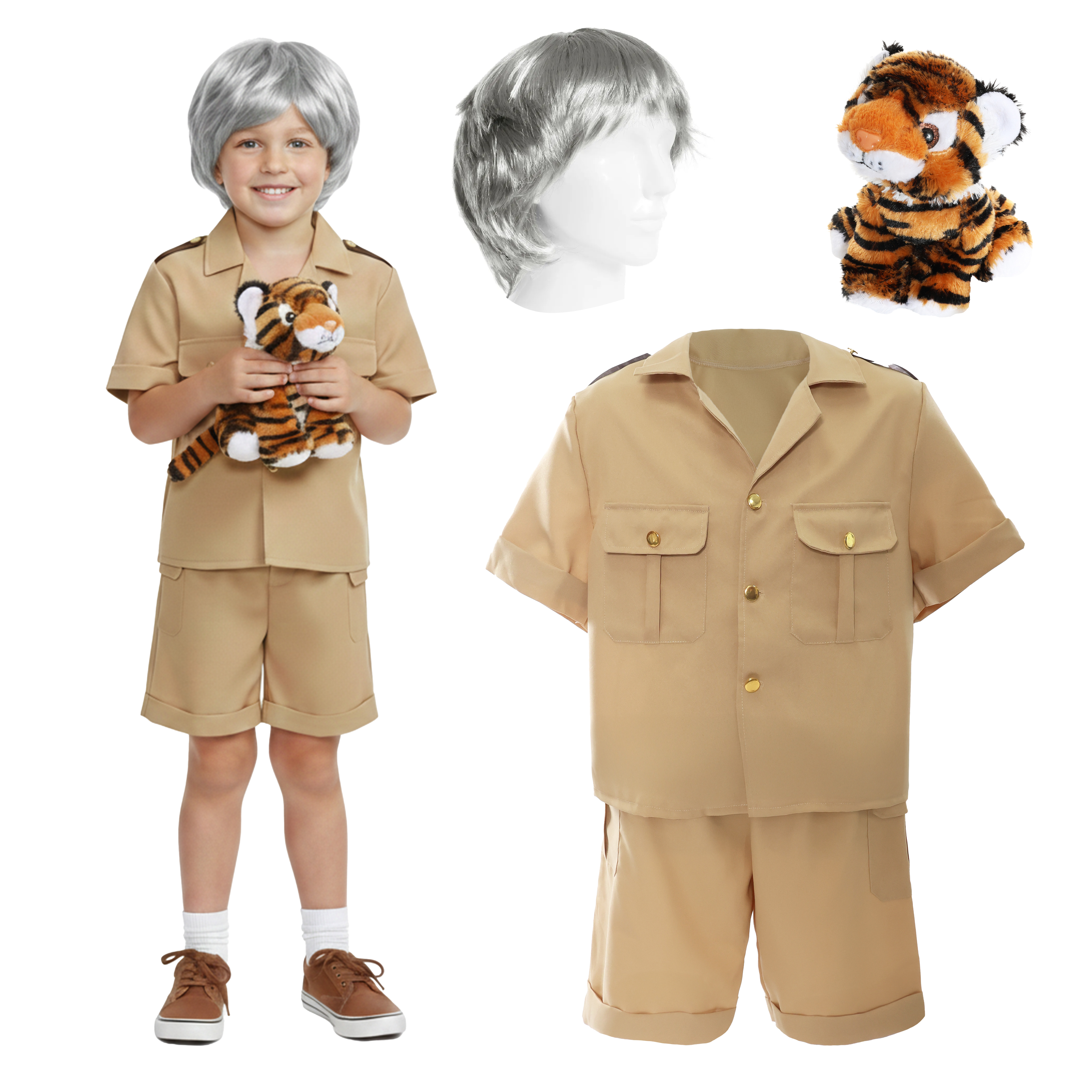 Kids Nature Narrator Costume | 4 Pcs | Top, Shorts, Wig & Tiger Teddy