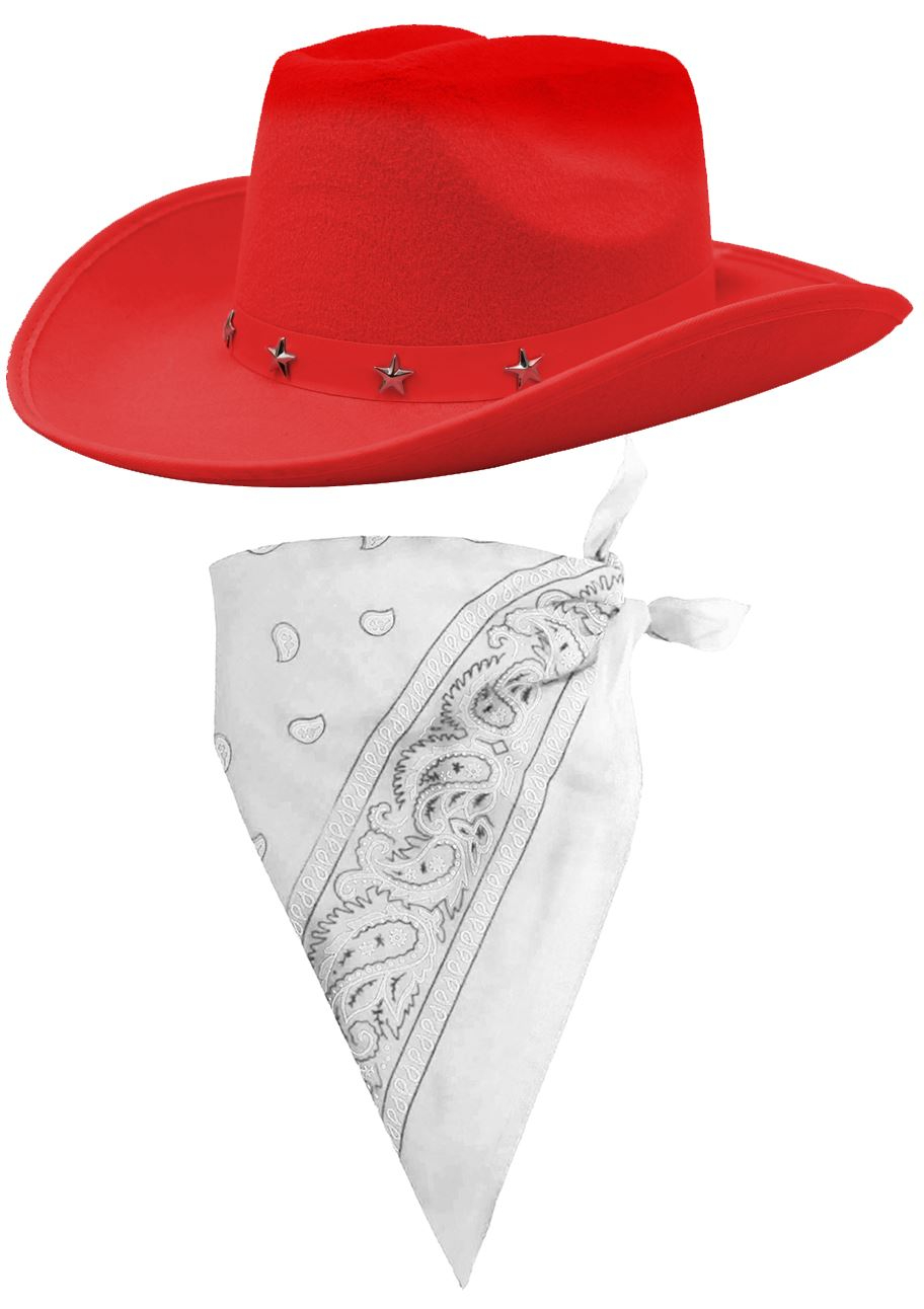 Red Star Studded Cowboy Hat & Paisley White Bandana