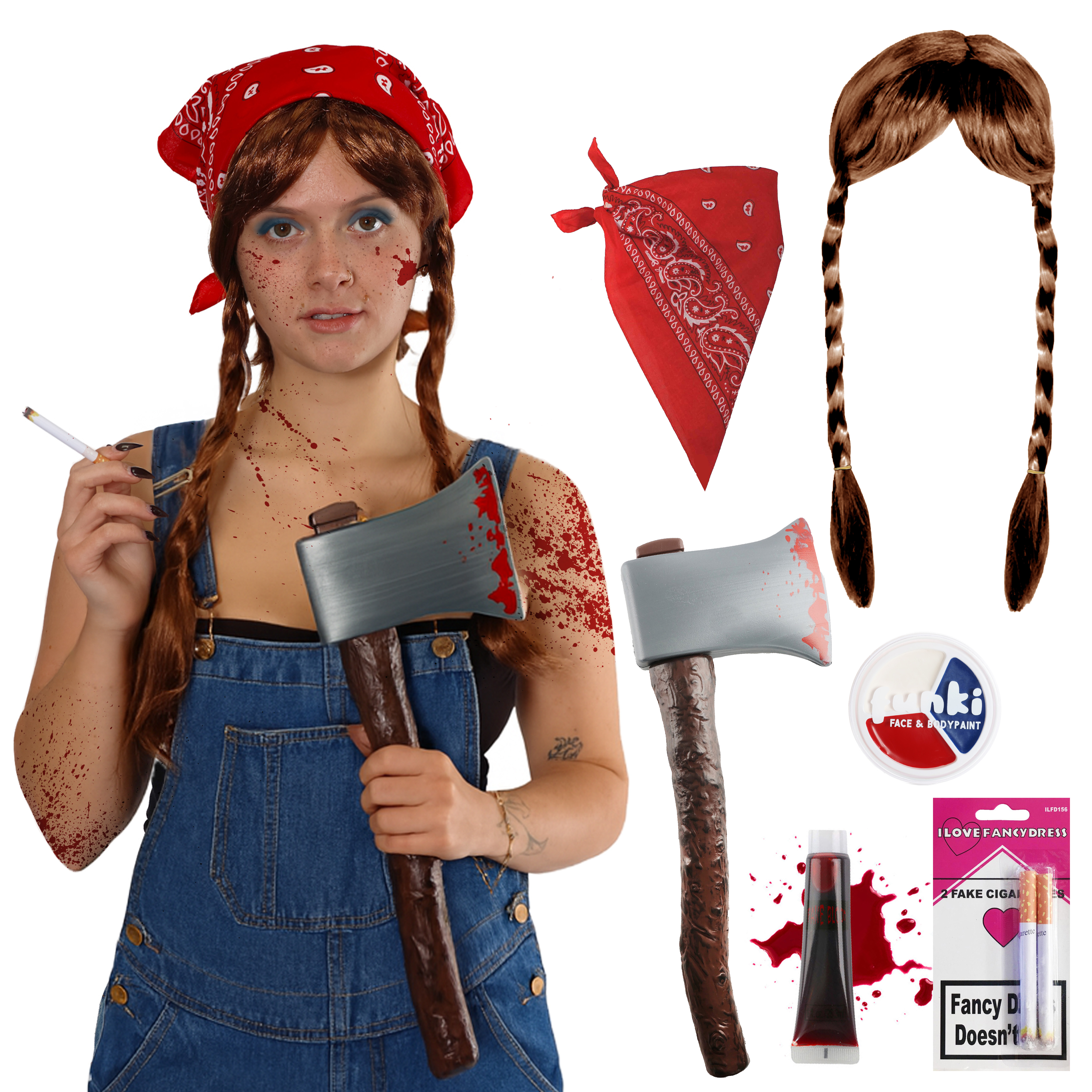 Adults 70's Horror Farm Girl Costume | 6 Pcs | Bandana, Plaited Wig, Bloody Axe, Fake Blood, Fake Cigarettes & Face Paint