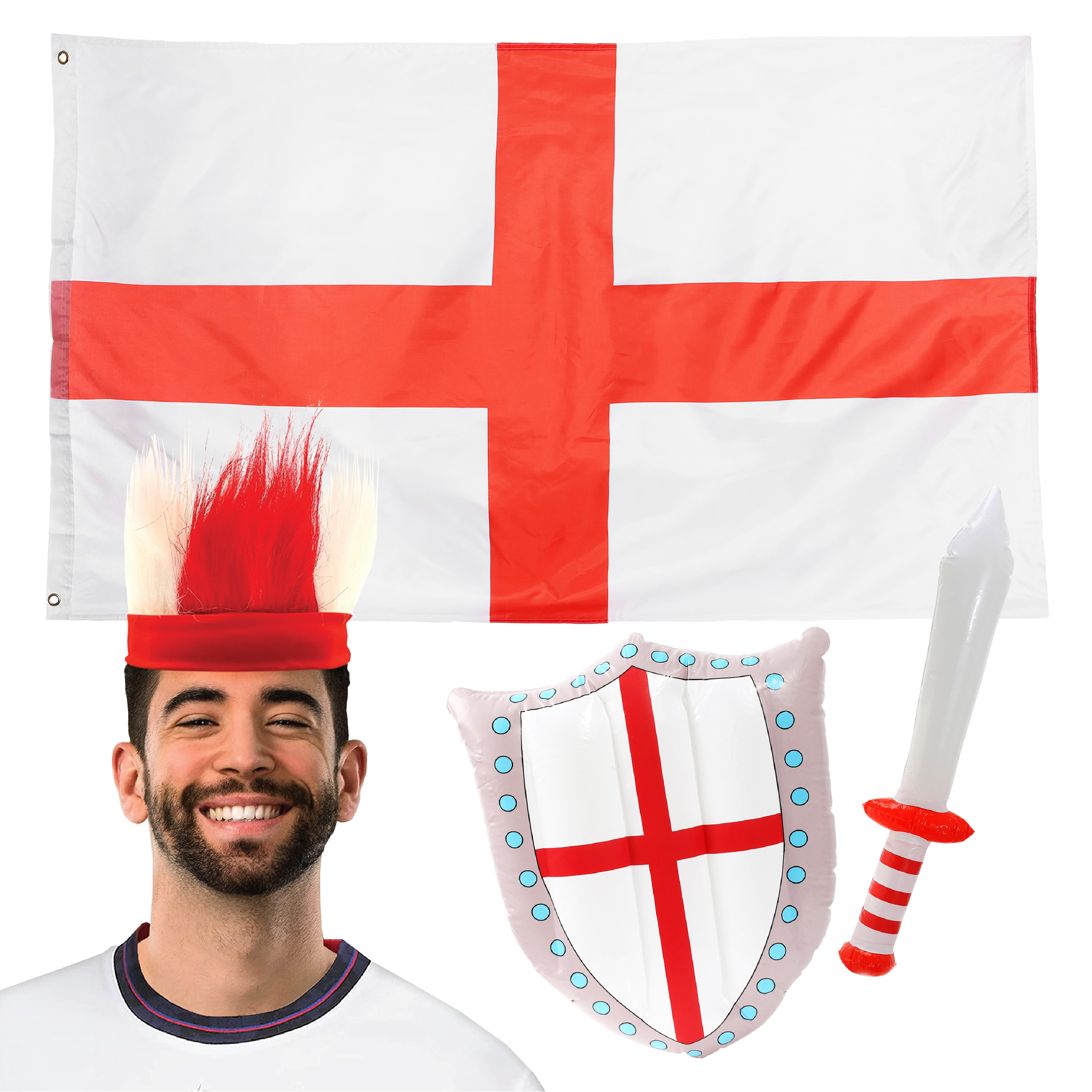 Red & White England Supporters Headband, 5ft x 3ft Flag & Inflatable Sword & Shield