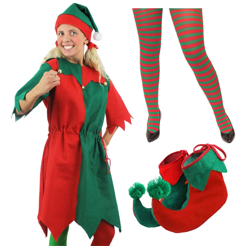 Ladies Adults Elf Costume with Boots & Striped Tights - Small Ladies Adults Elf Costume with Boots & Striped Tights - Small