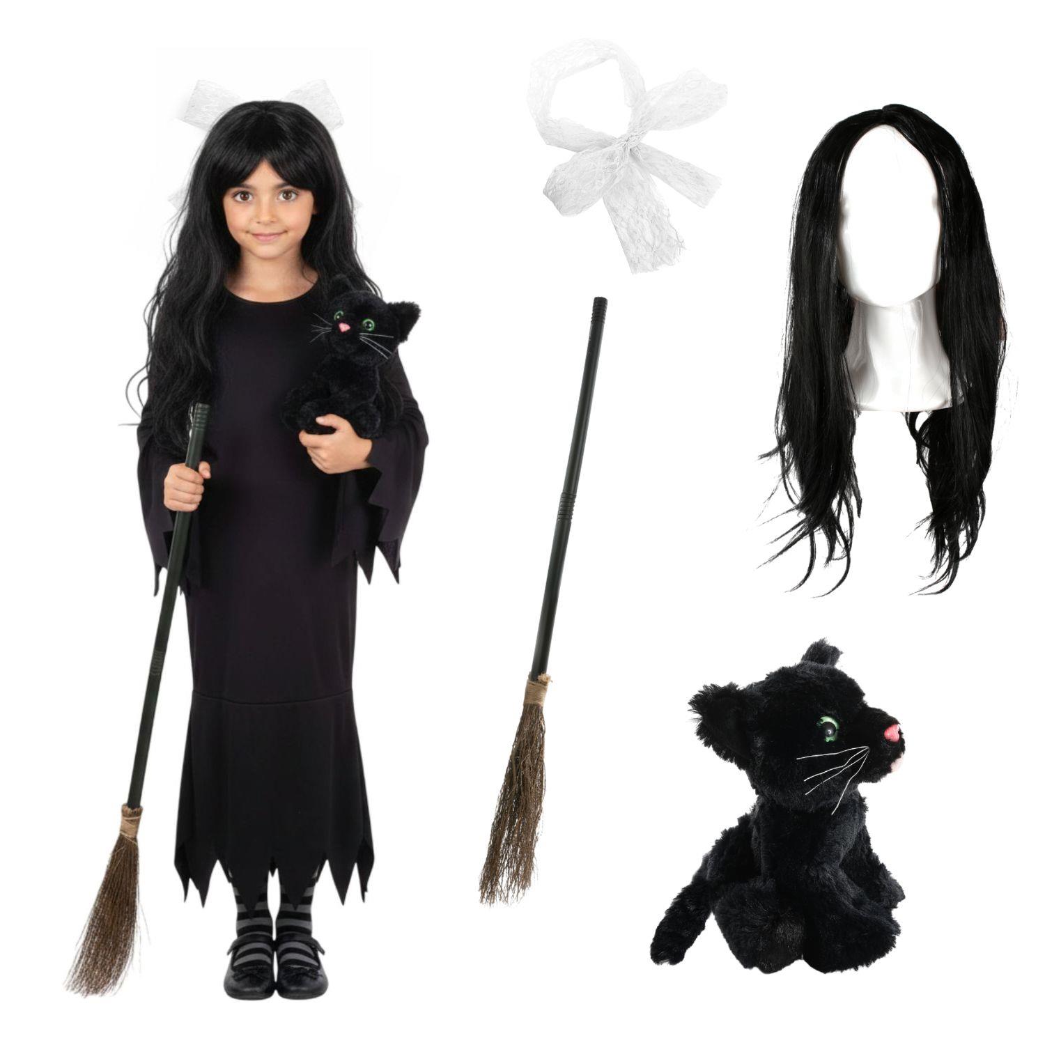Girls Hooky Witch Costume | 5 Pcs | Dress, Broom, Cat Toy, Wig & Hair Bow